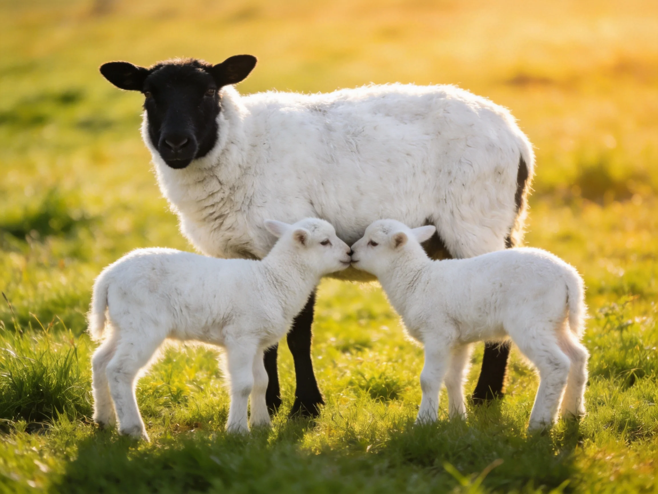 A black-faced sheep and two lambs in a sunlit meadow