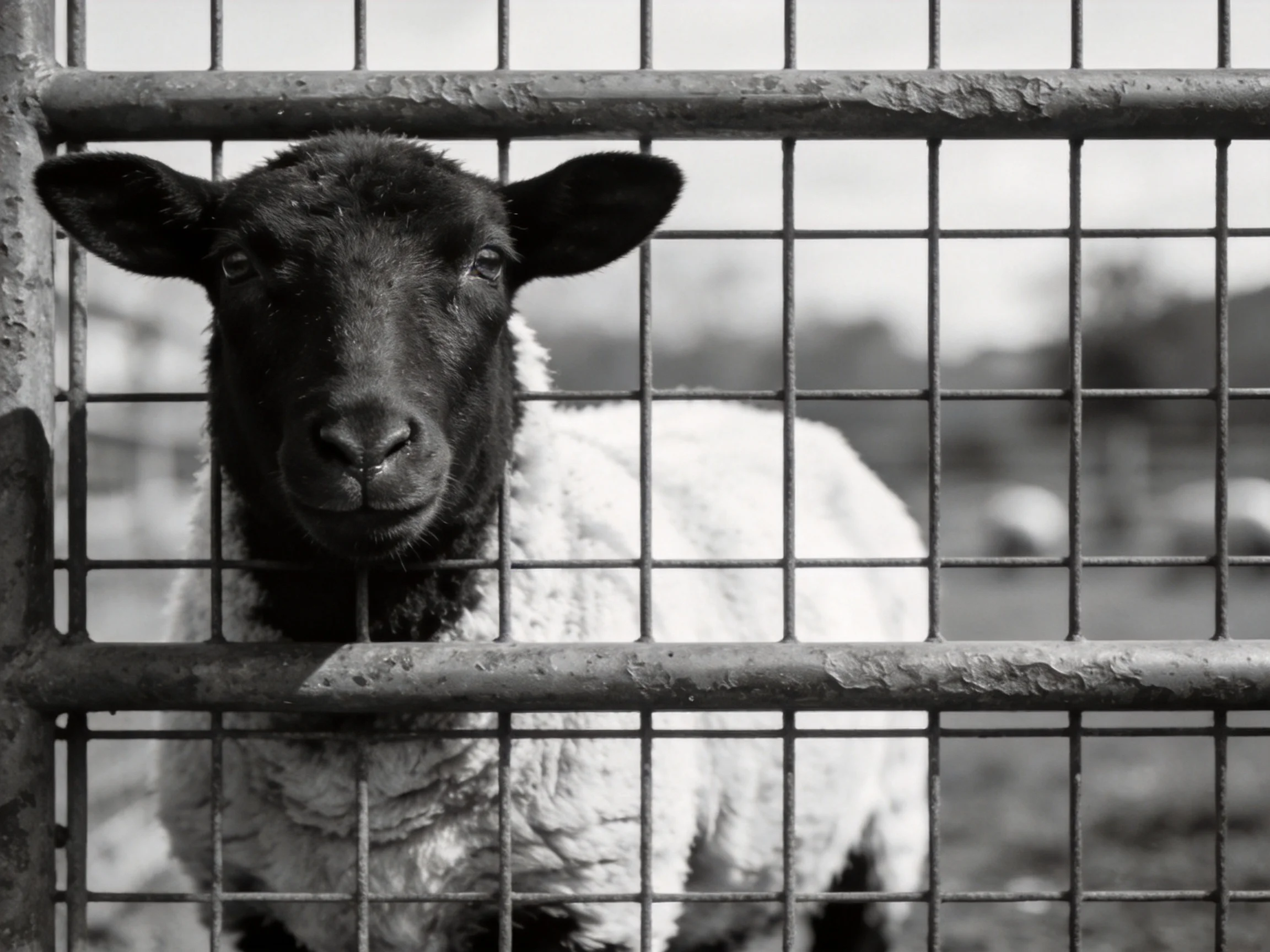 A black-faced sheep behind a metal grid fence in monochrome