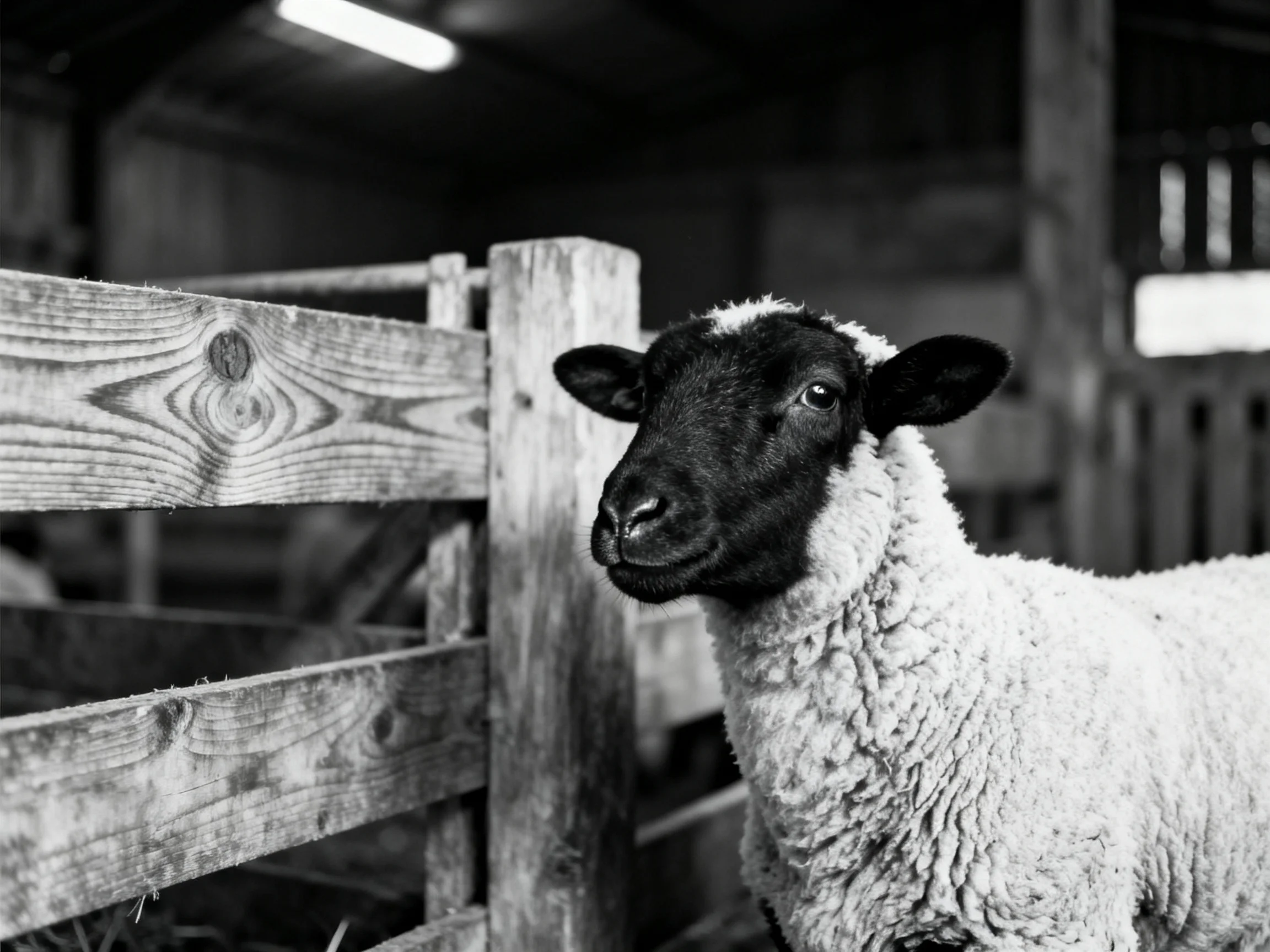 A black-faced sheep beside aged wooden fencing in a barn interior