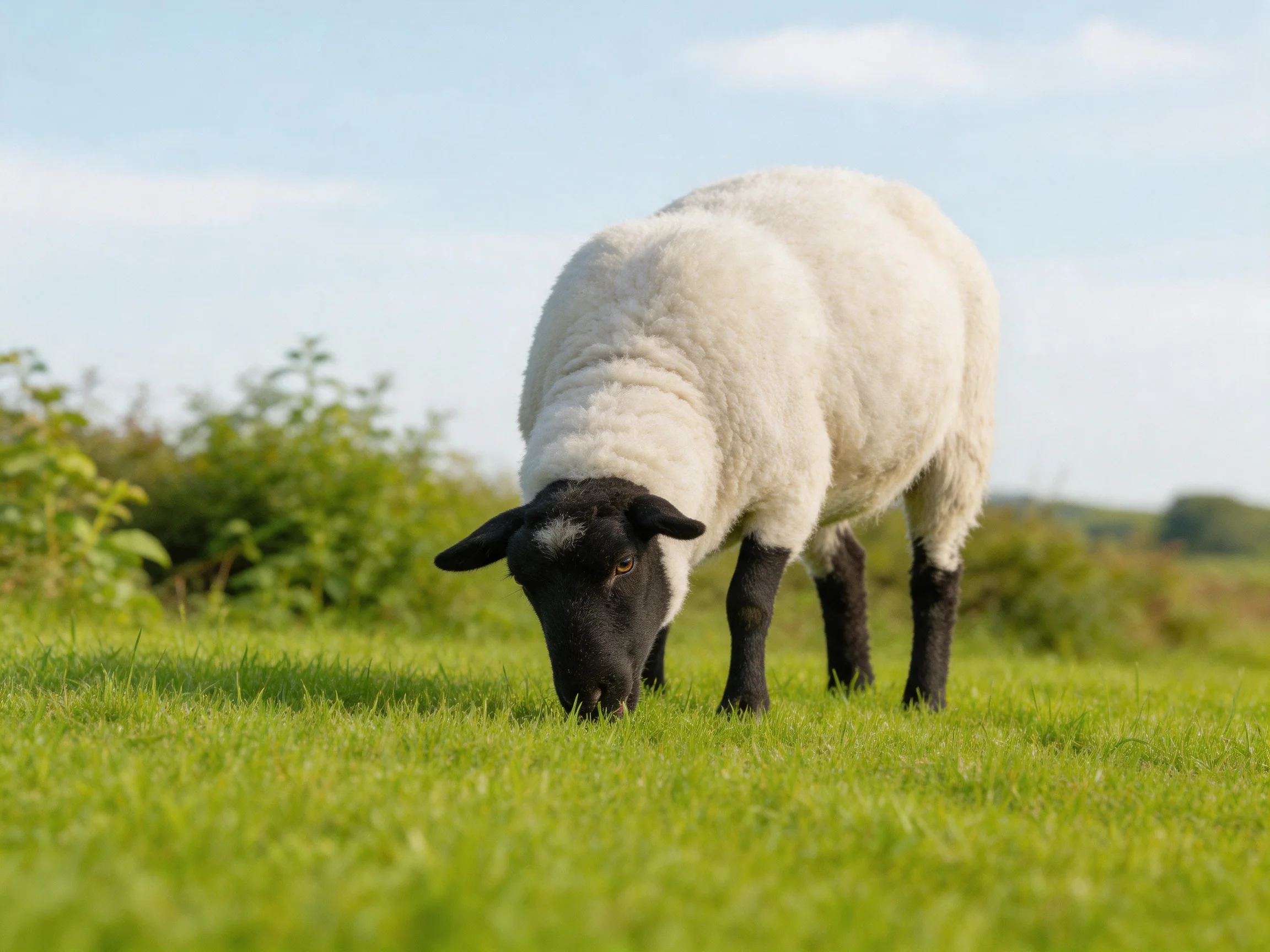 A black-faced sheep grazes in a lush green meadow