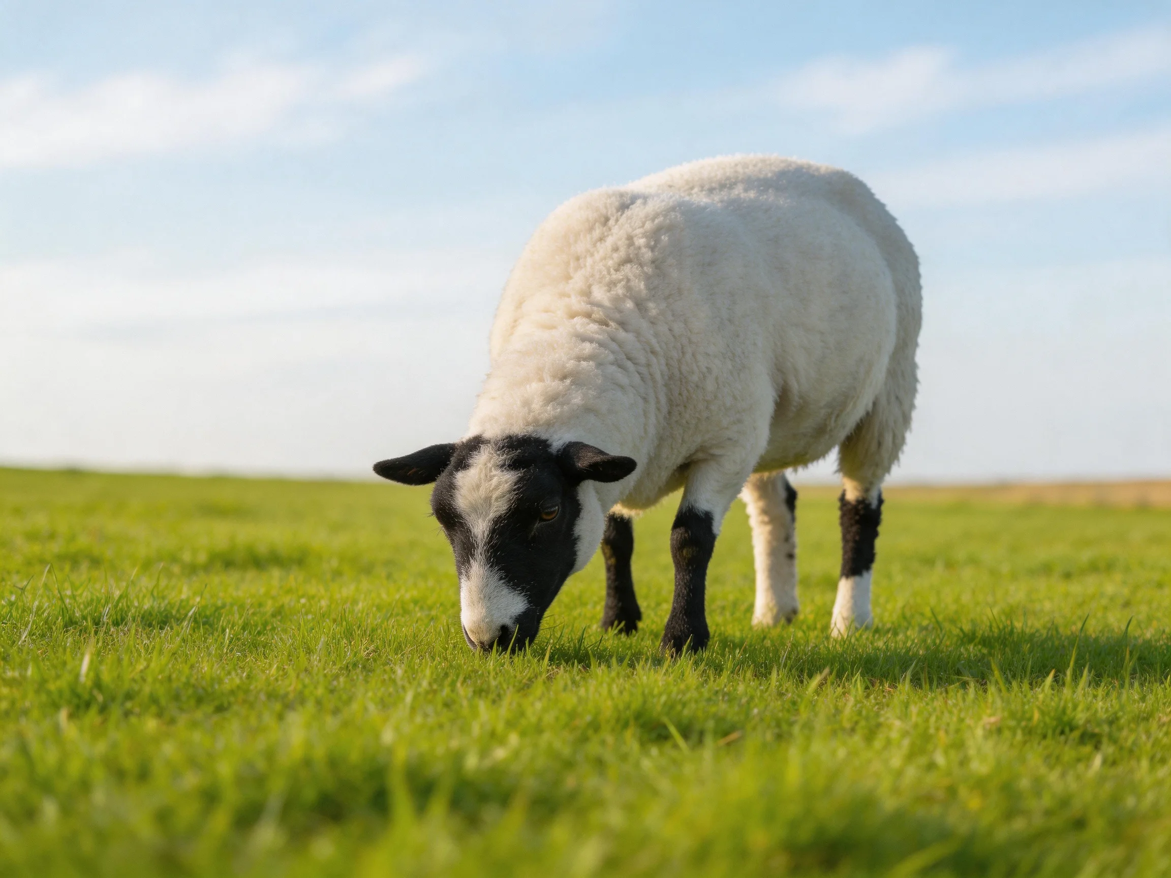 A black-faced sheep grazes in a lush green meadow under clear blue skies
