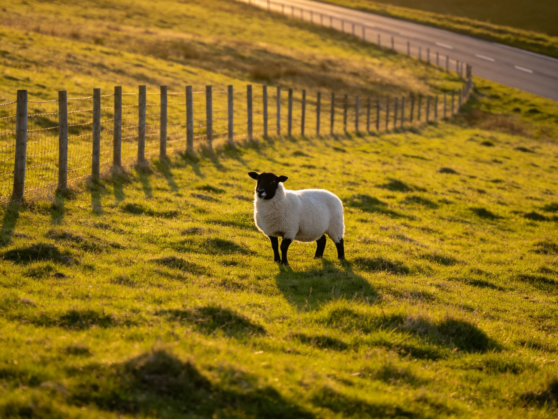 A black-faced sheep in a sunlit grassy field beside a wooden fence