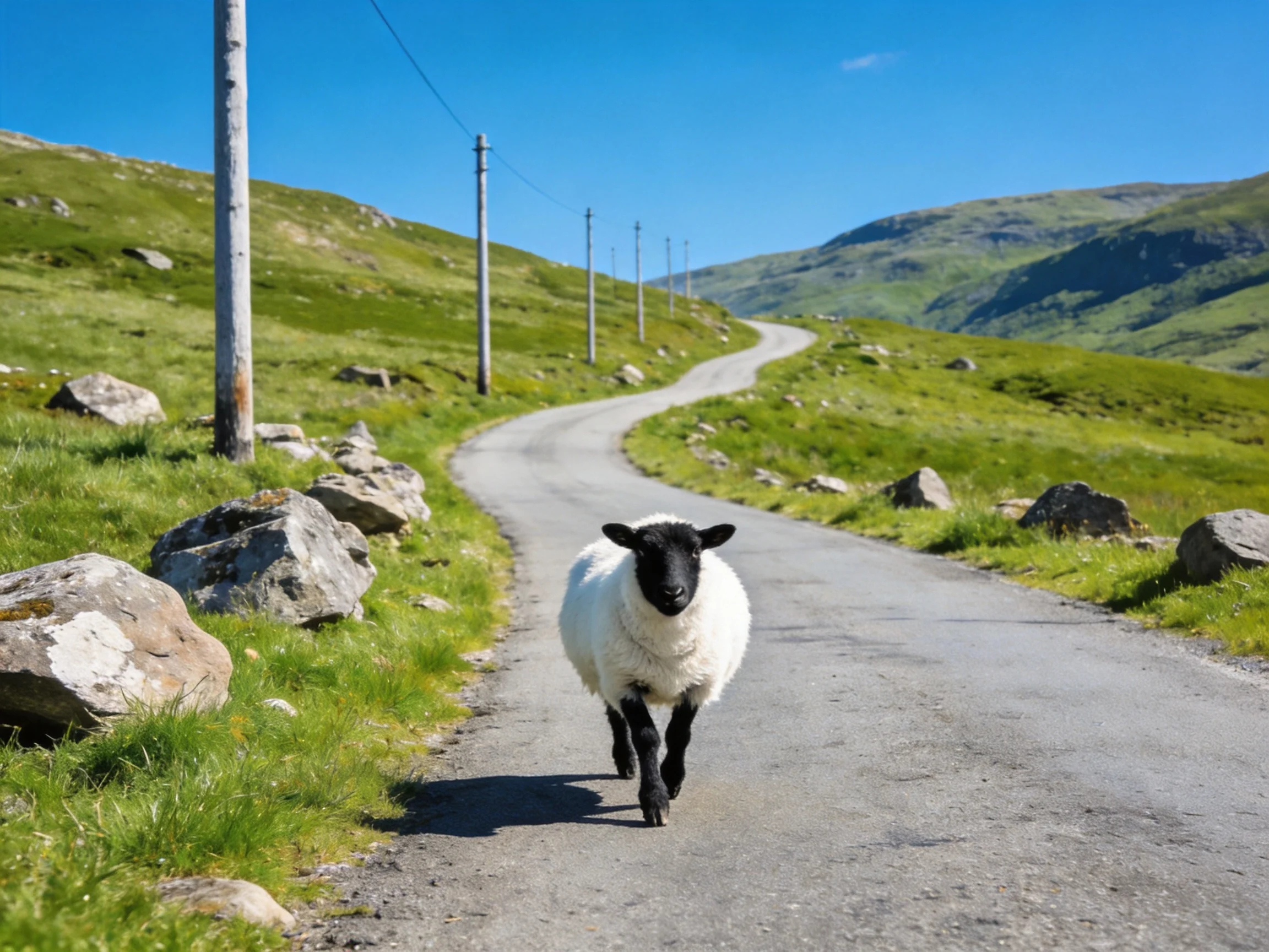 A black-faced sheep navigates a winding mountain road through lush green terrain