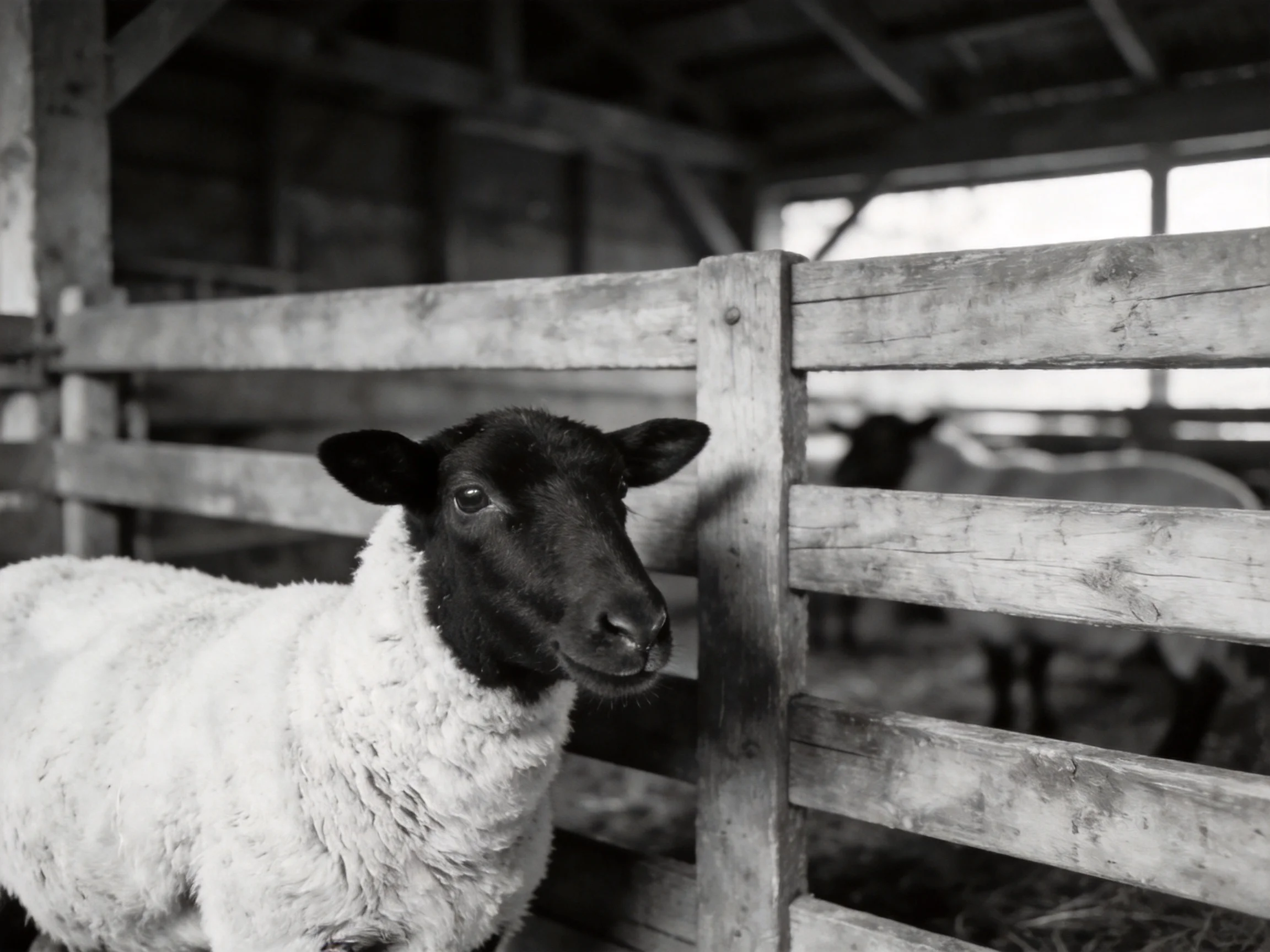 A black-faced sheep near a weathered wooden fence in a barn