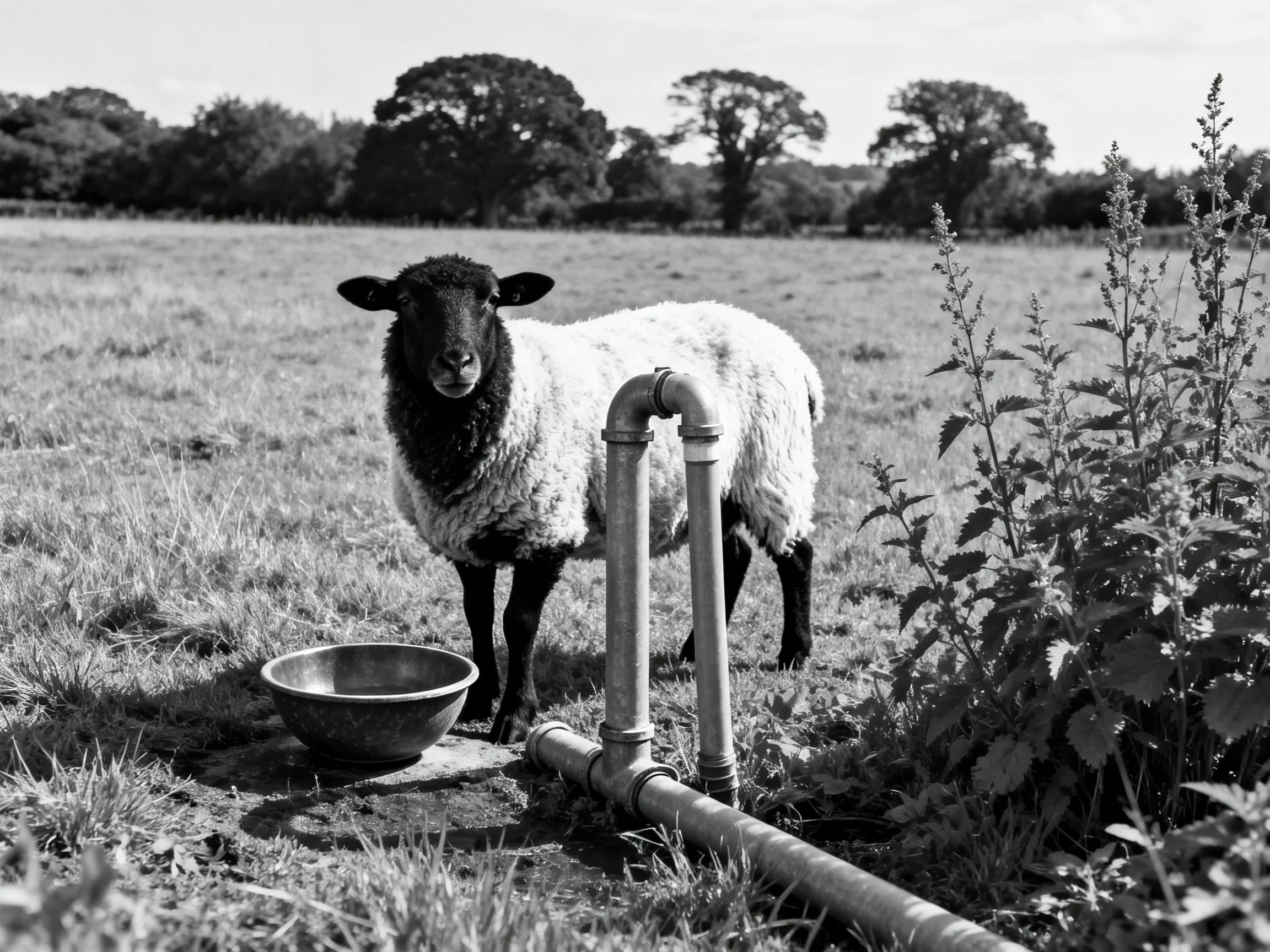 A black-faced sheep near pipes and a metal bowl in an open field