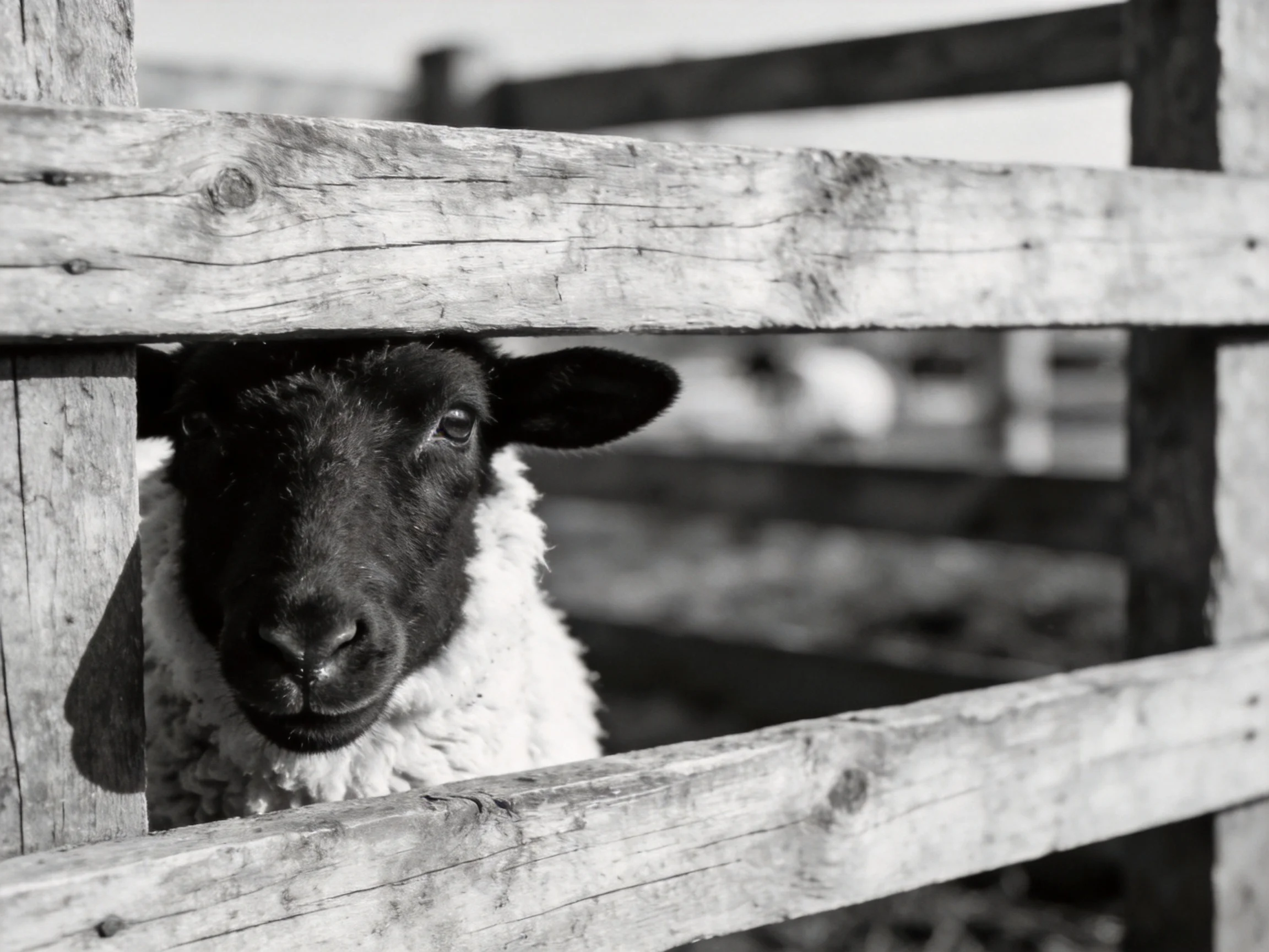 A black-faced sheep peeks through aged wooden fence planks