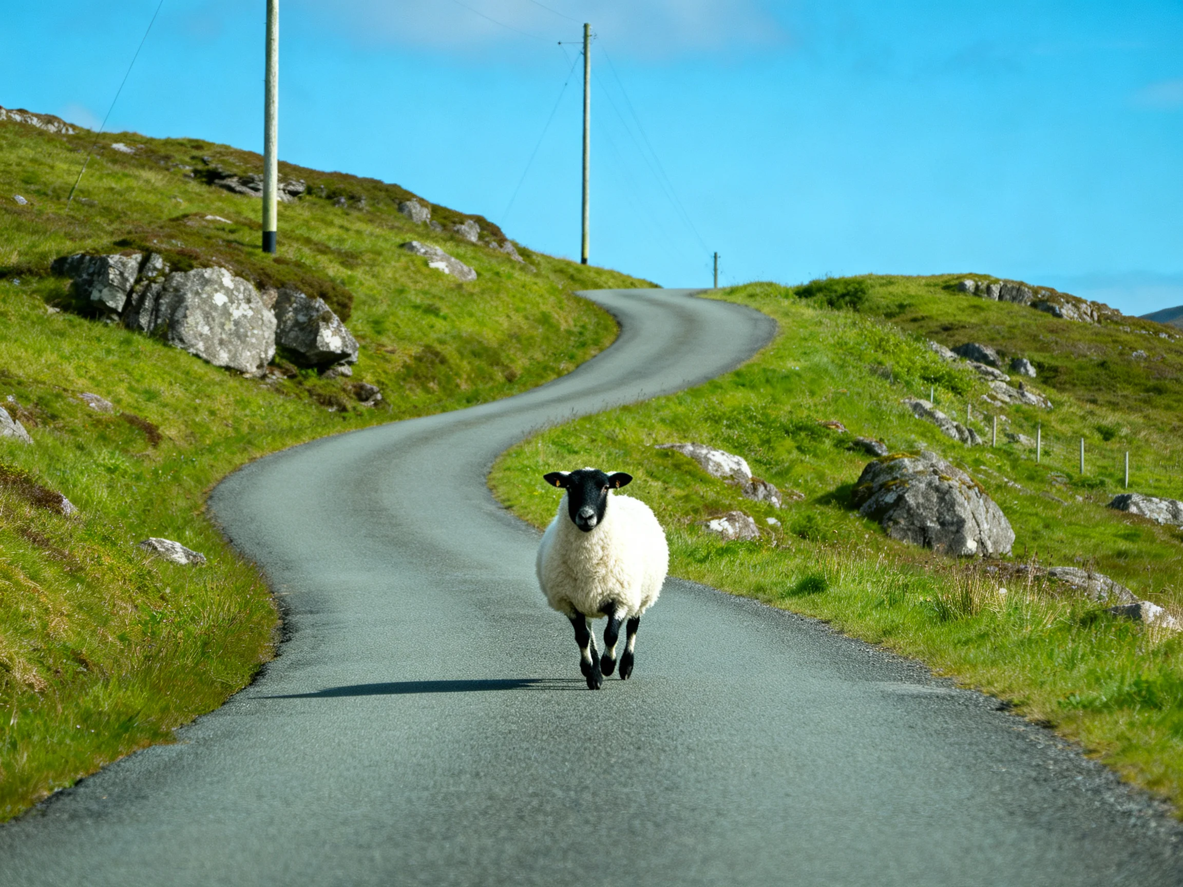 A black-faced sheep runs along a winding rural road