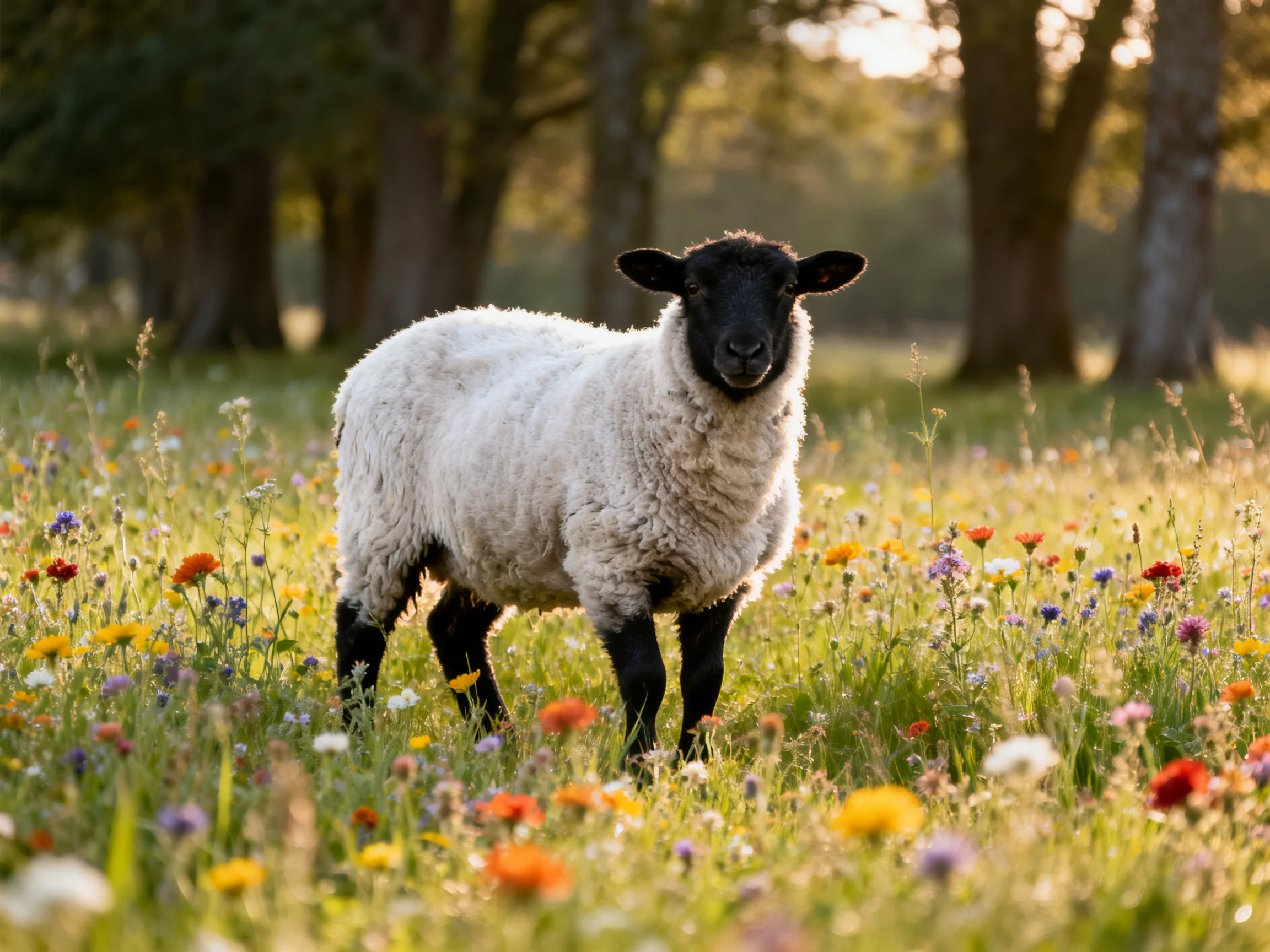 A black-faced sheep stands amid colorful wildflowers near tall trees