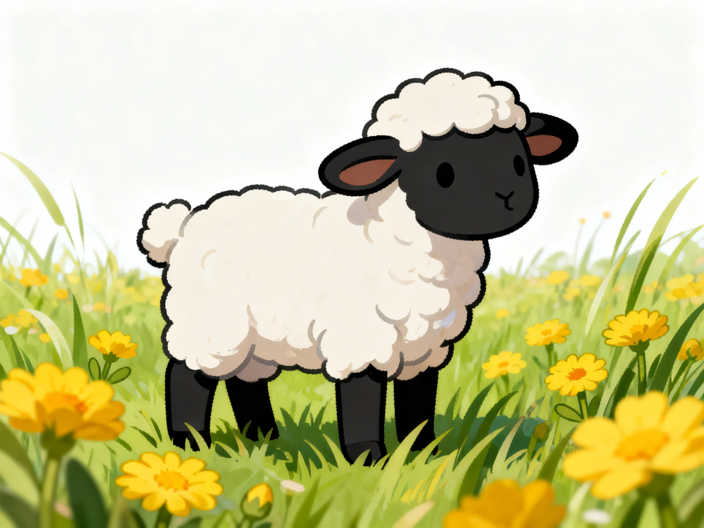 A black-faced sheep stands among yellow flowers and green grass