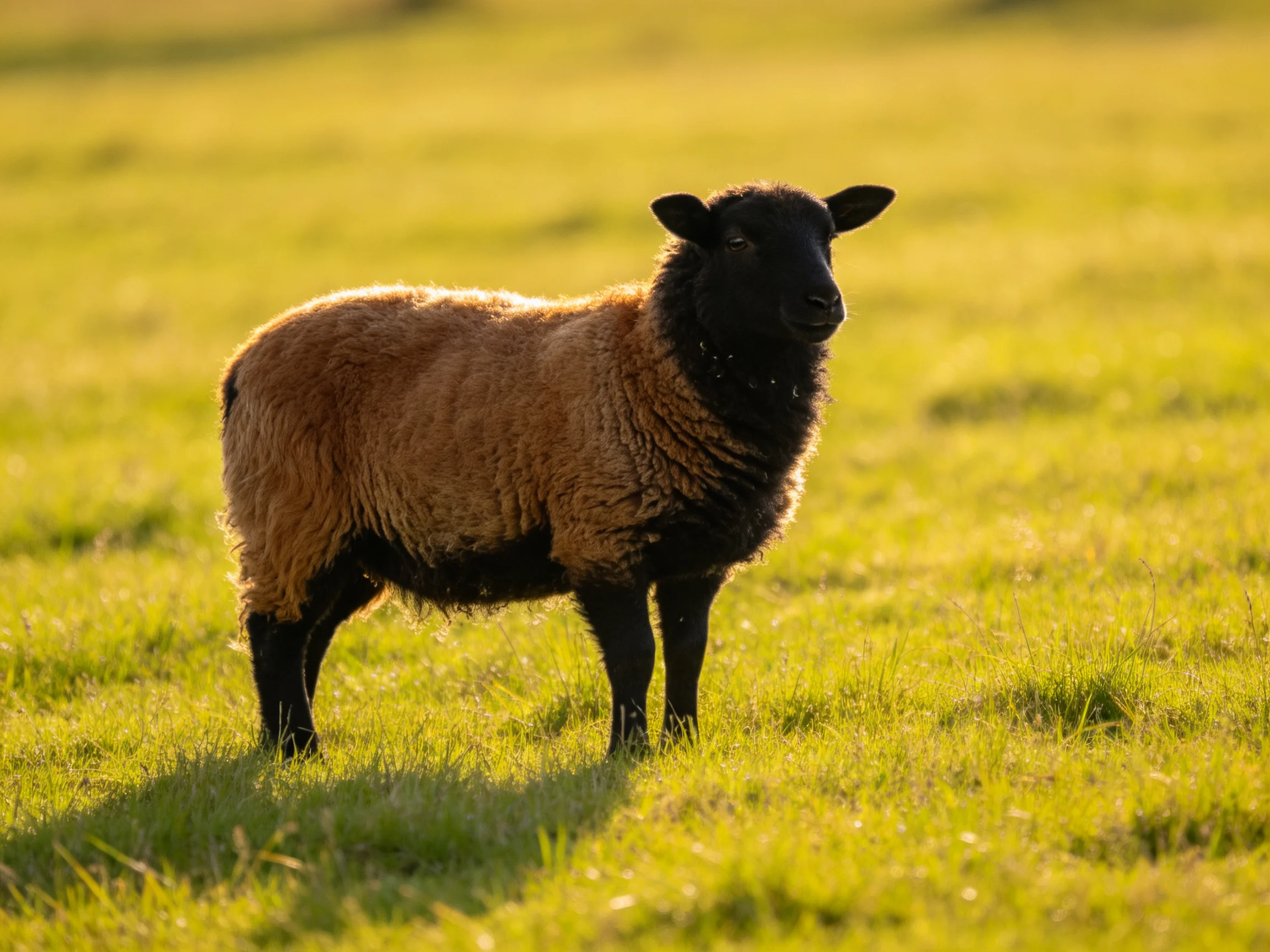 A black-faced sheep stands in a golden-green pasture
