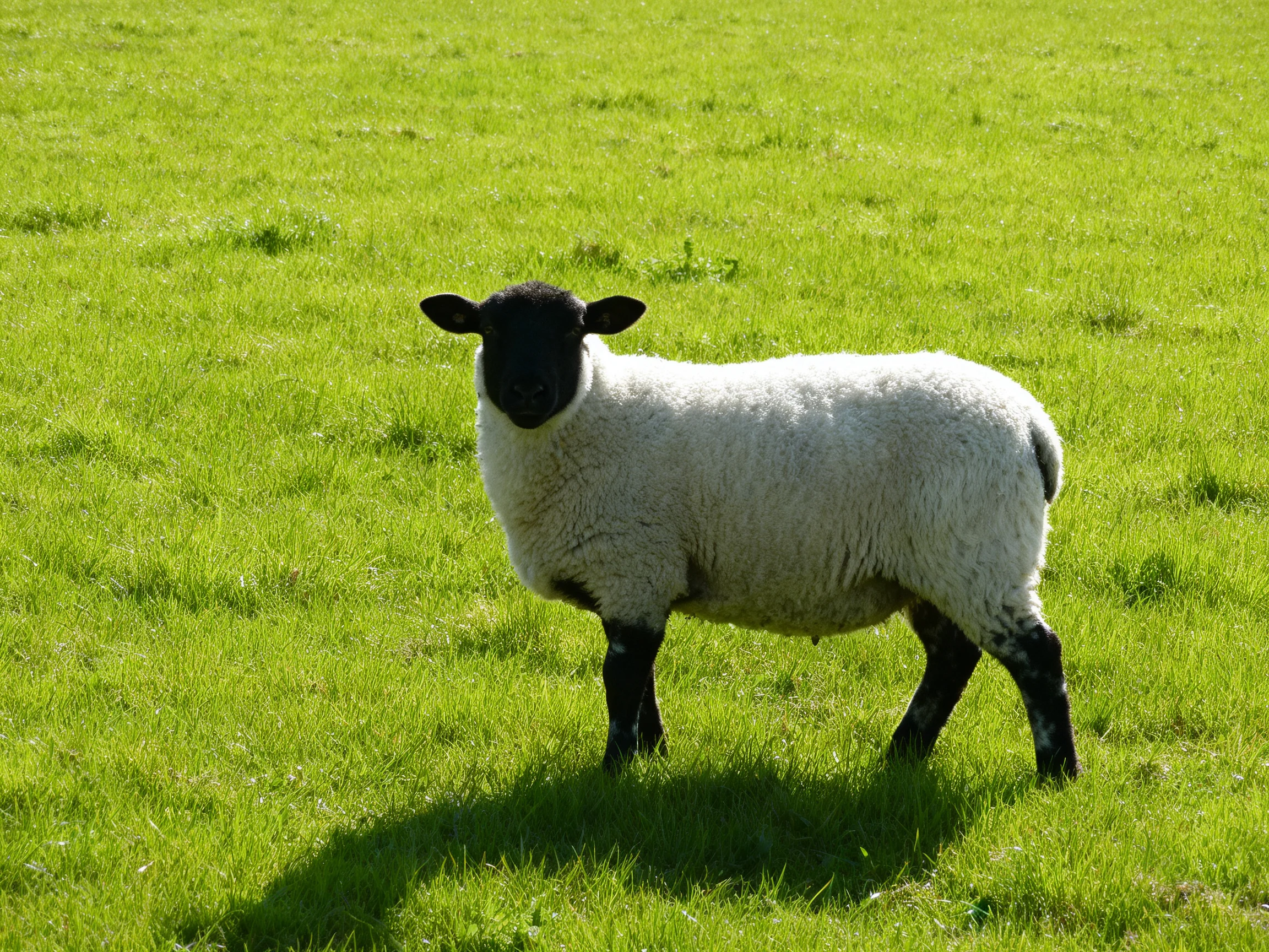 A black-faced sheep stands in a lush green pasture