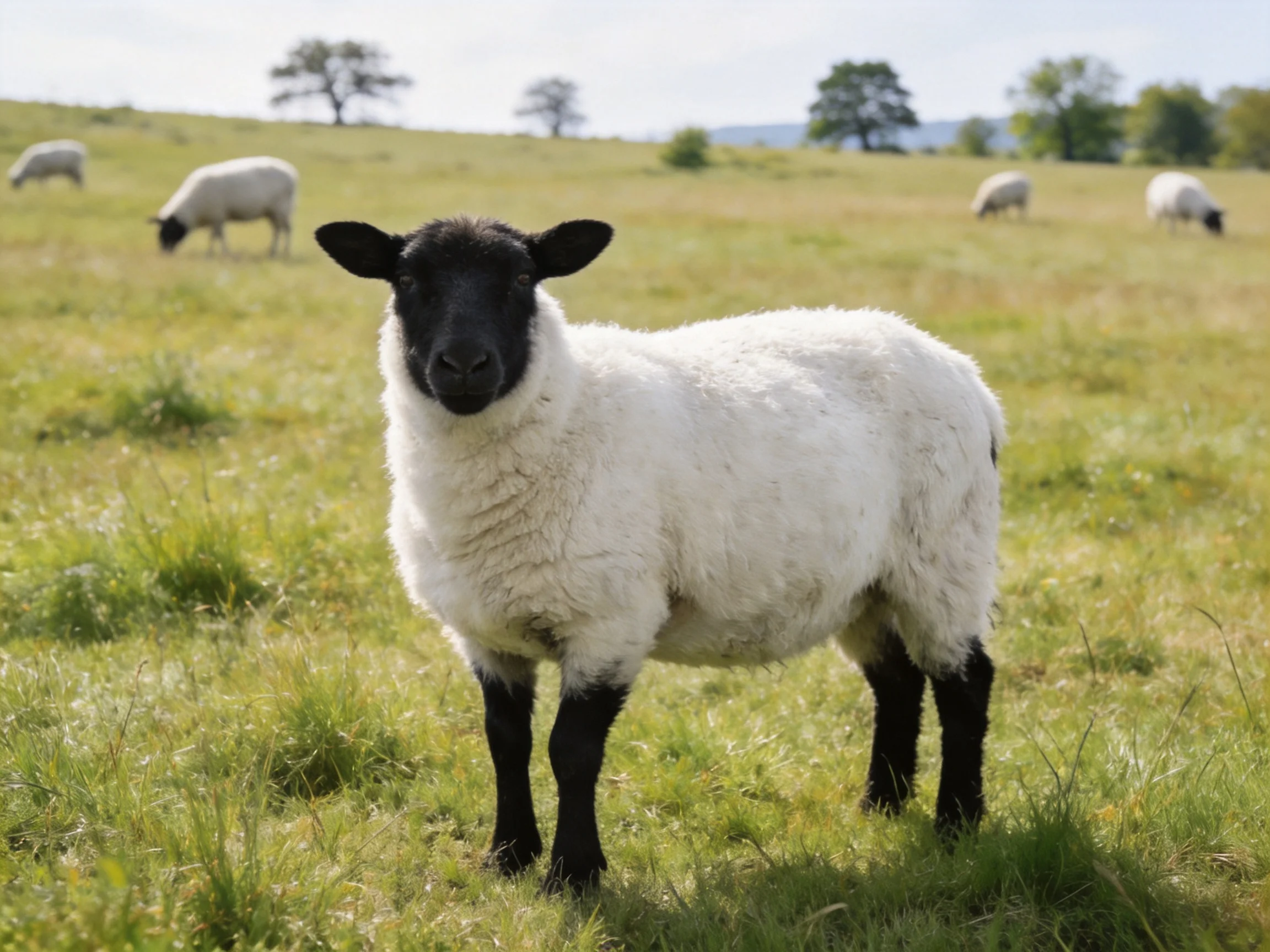 A black-faced sheep stands in a lush green pasture with other grazing