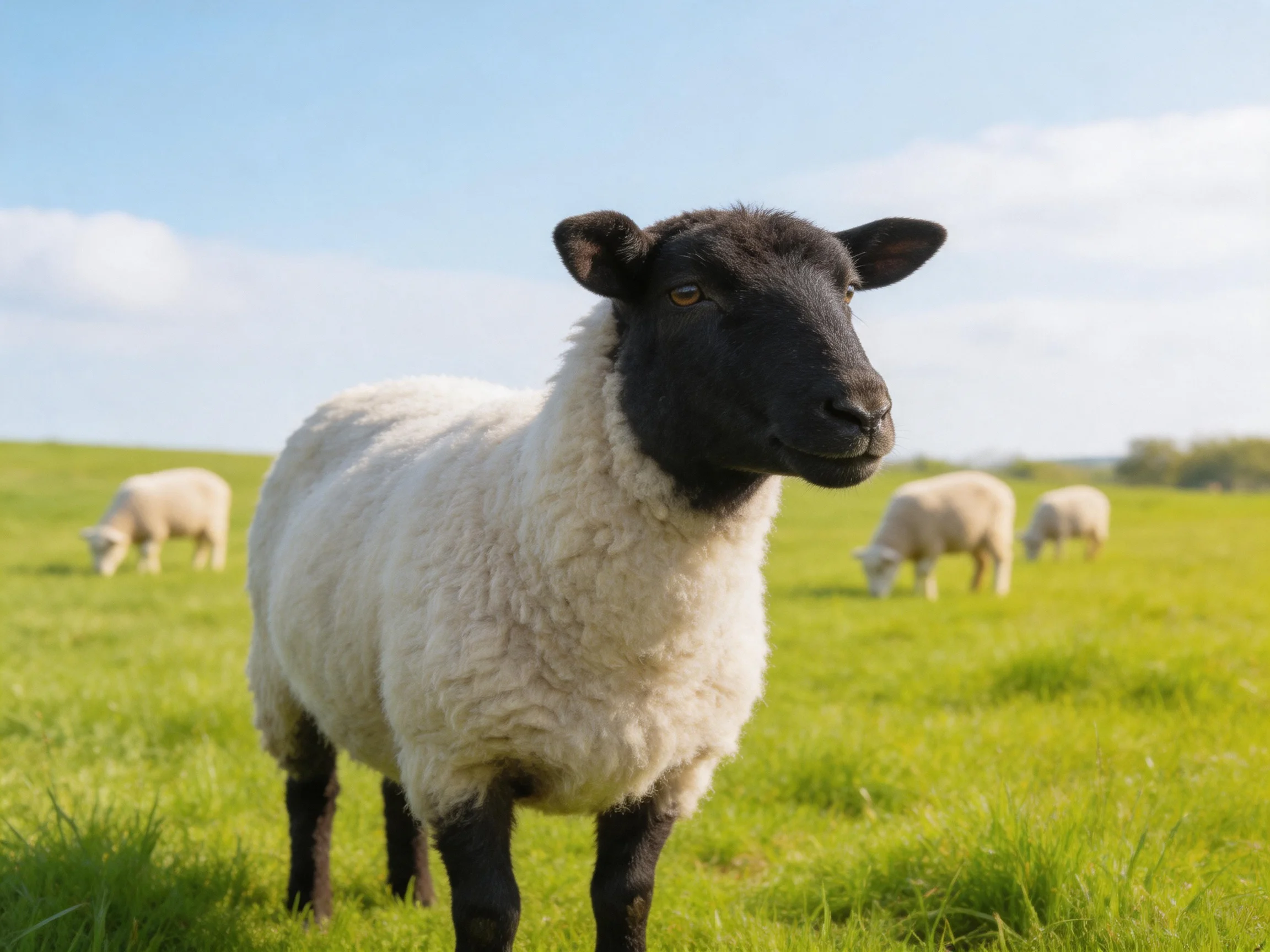 A black-faced sheep stands in a lush green pasture with others grazing