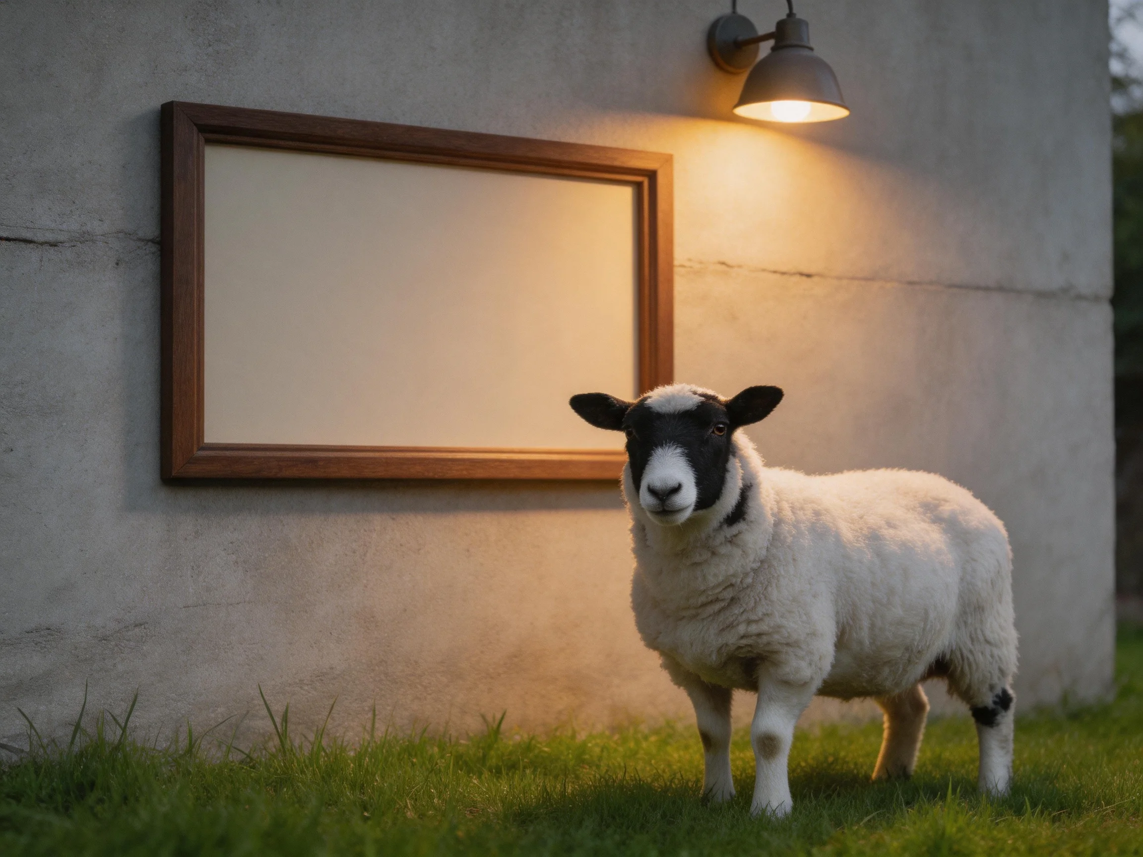 A black-faced sheep stands near a concrete wall with a wooden frame and outdoor light