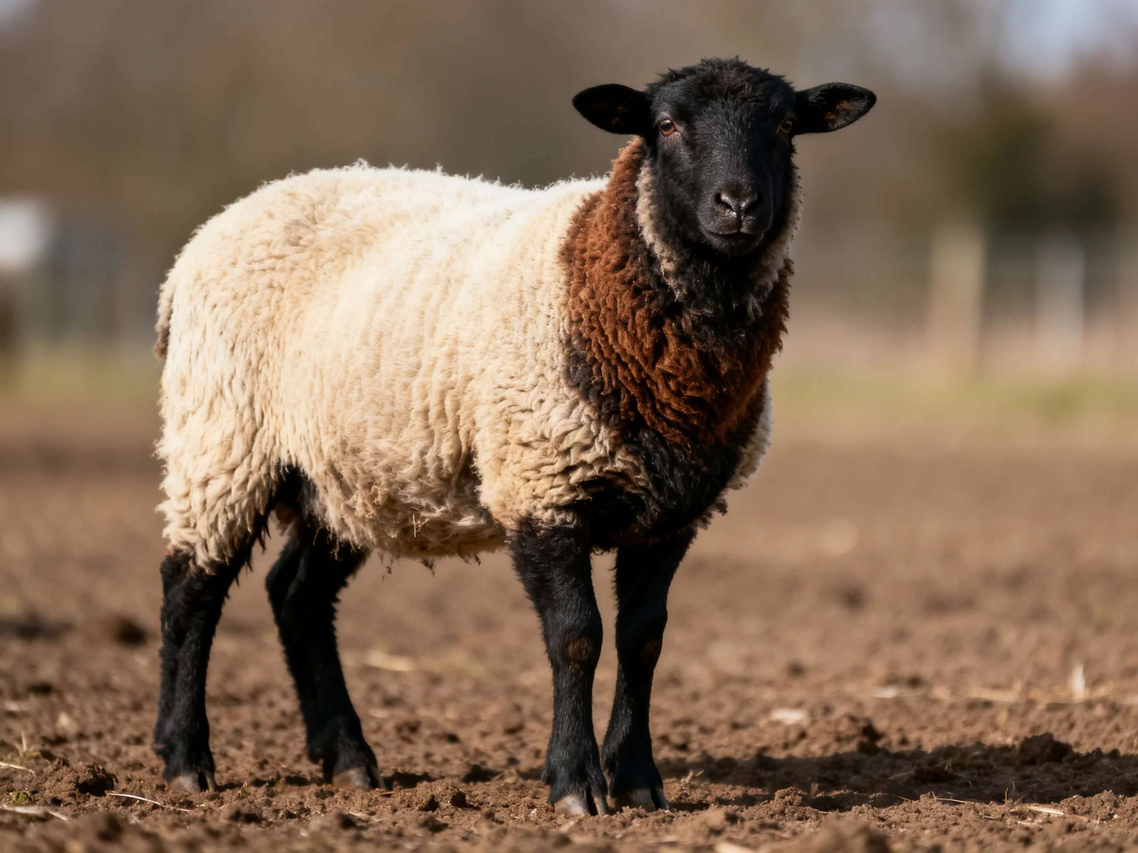 A black-faced sheep with brown neck stands on dry earth