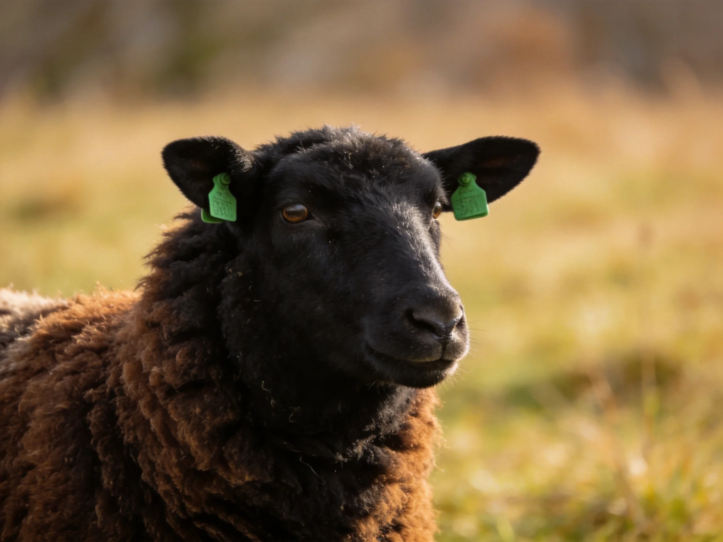 A black-faced sheep with brown wool and green ear tags in a sunlit field
