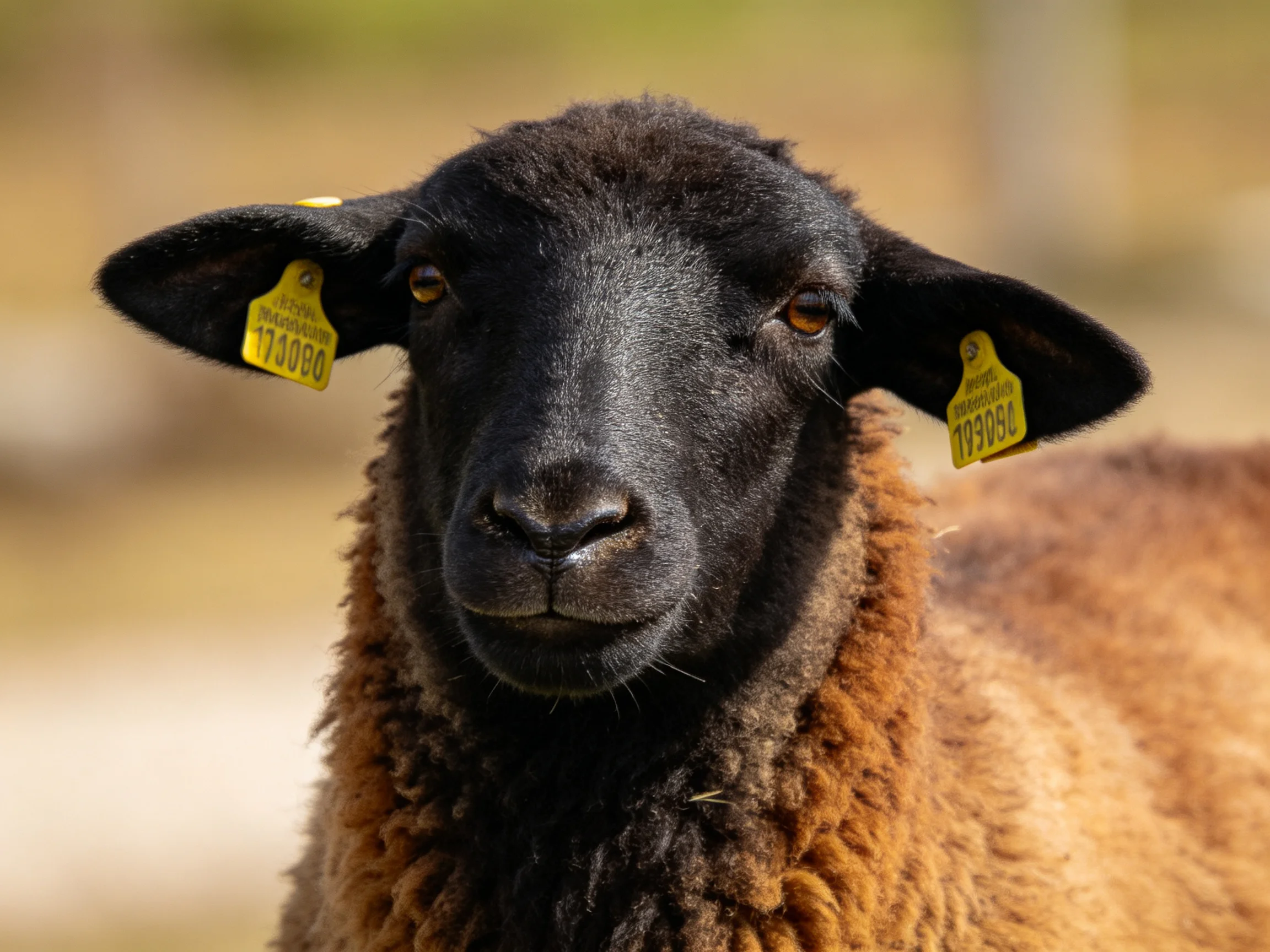 A black-faced sheep with brown wool and yellow ear tags