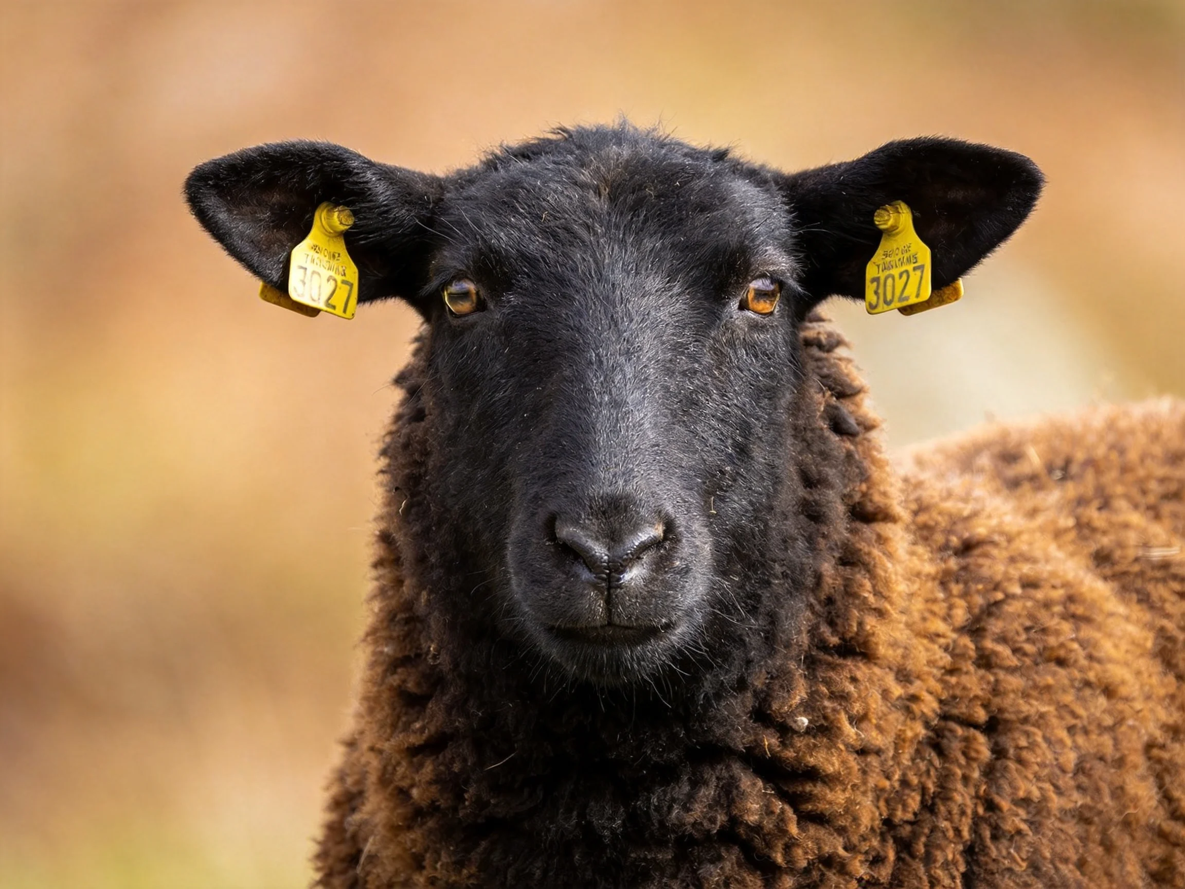 A black-faced sheep with brown wool and yellow ear tags