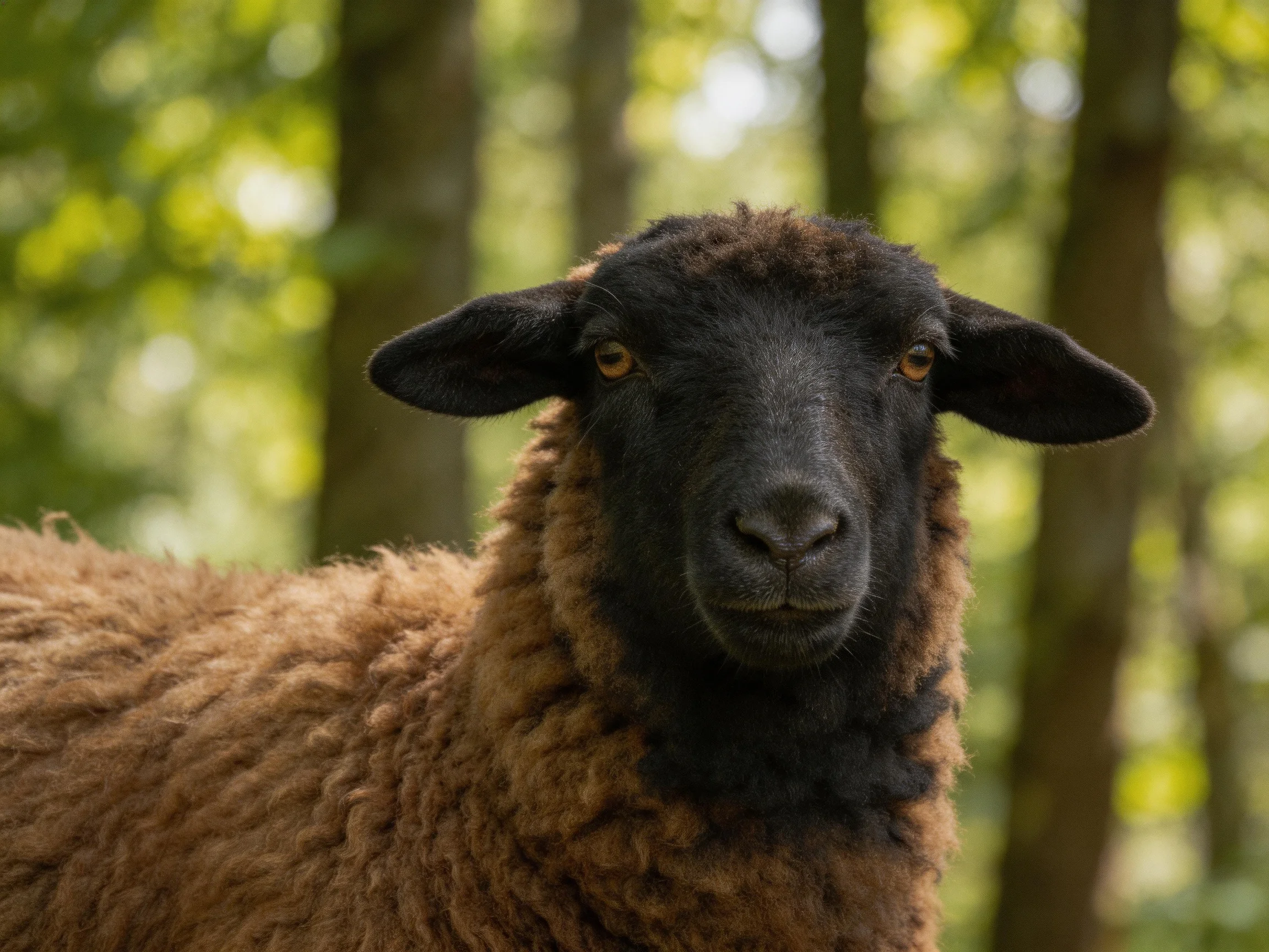 A black-faced sheep with brown wool in a sunlit forest