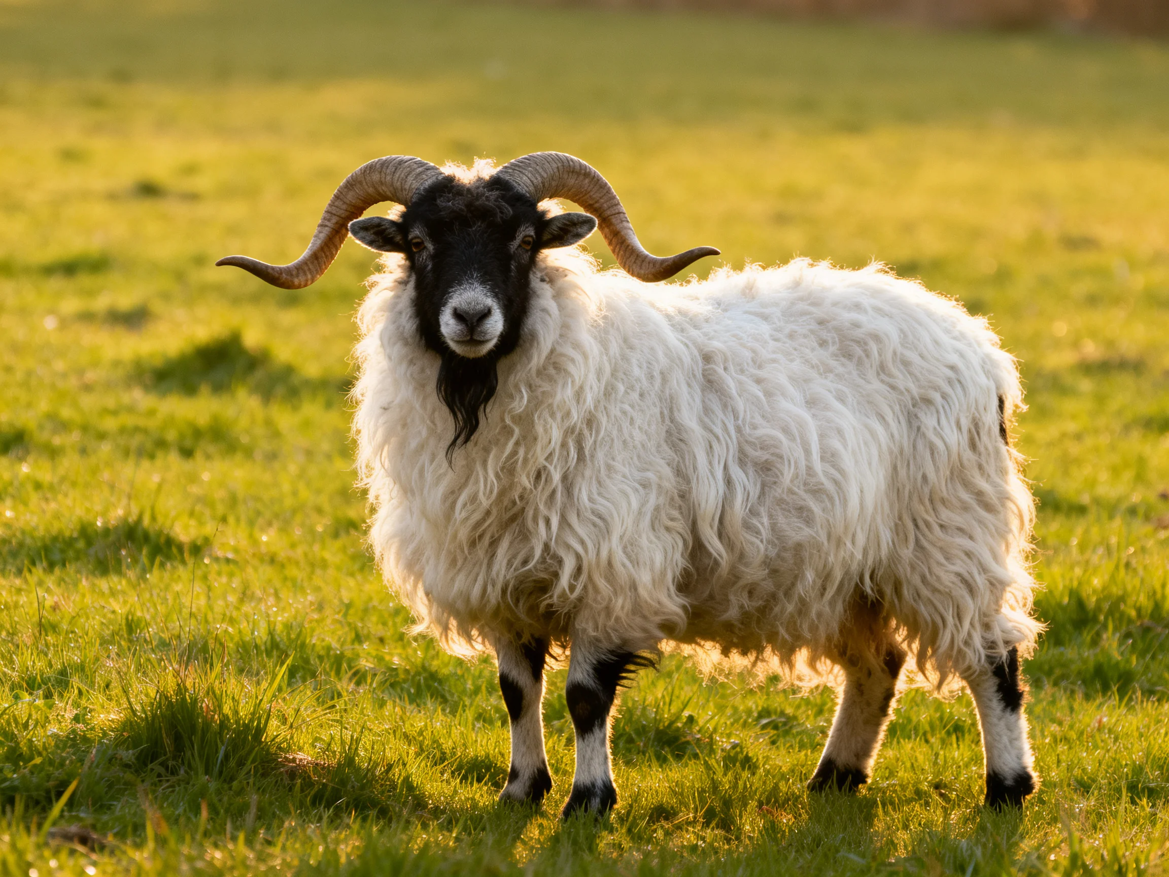 A black-faced sheep with large curved horns stands in golden grass