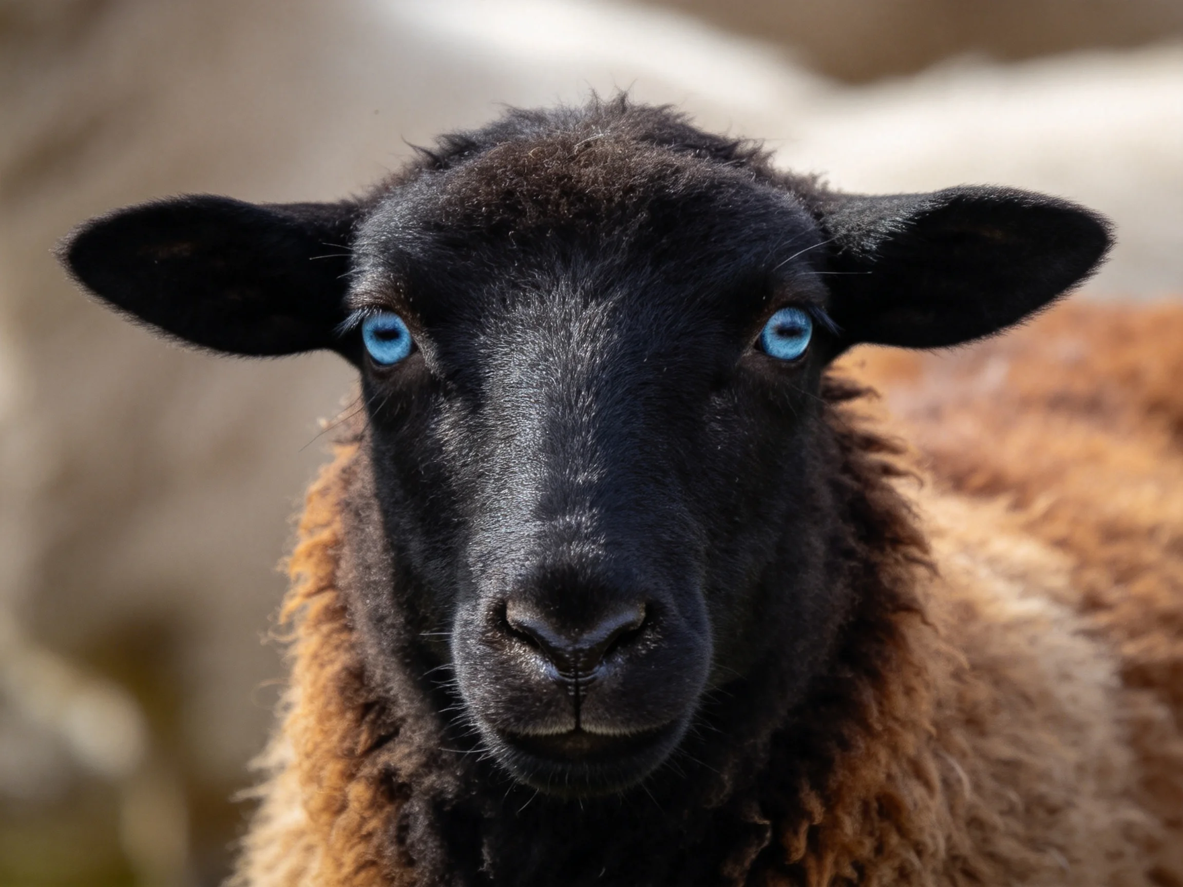 A black - faced sheep with striking blue eyes and brown wool