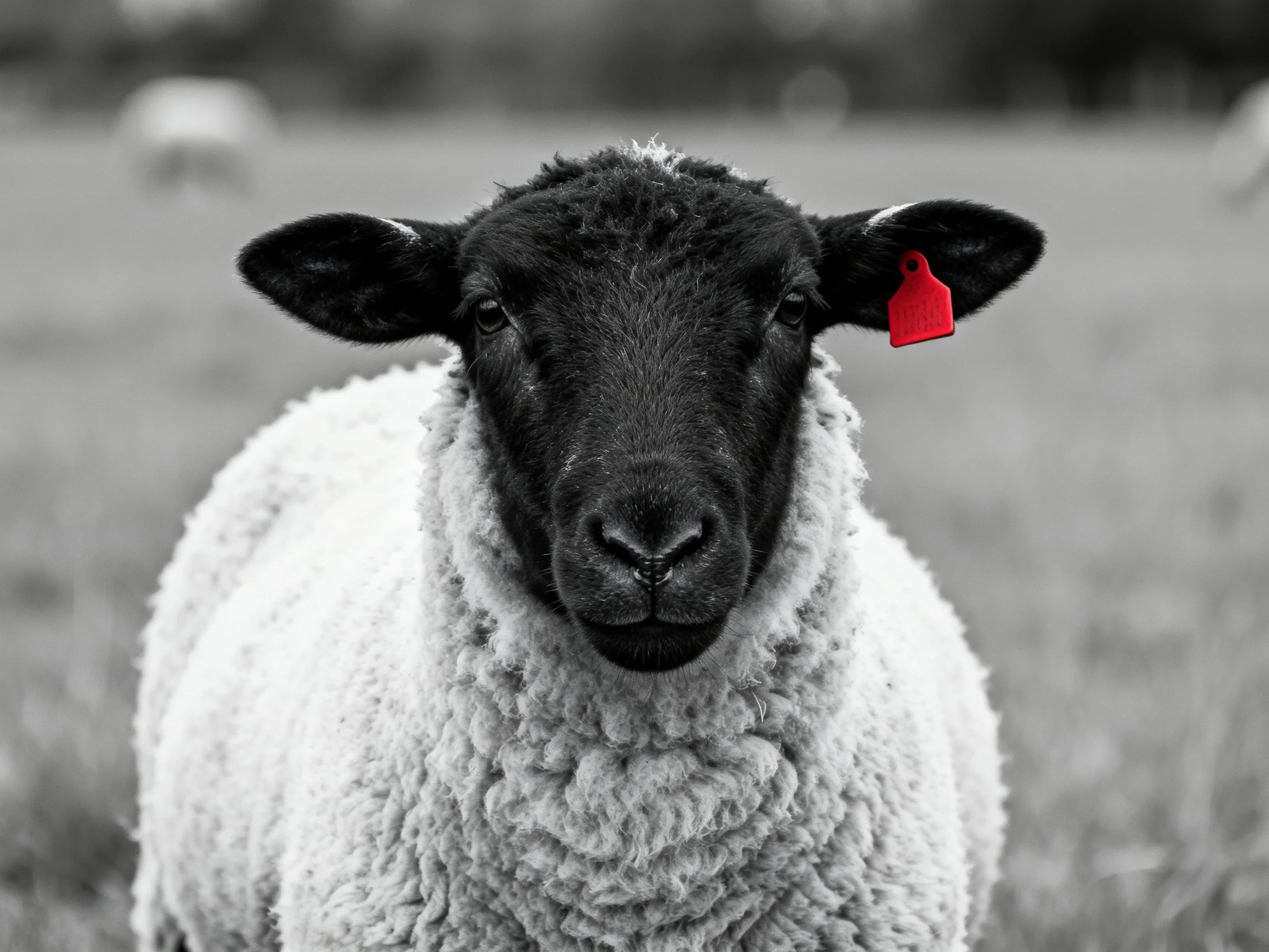 A black-faced sheep with thick white wool and a red ear tag