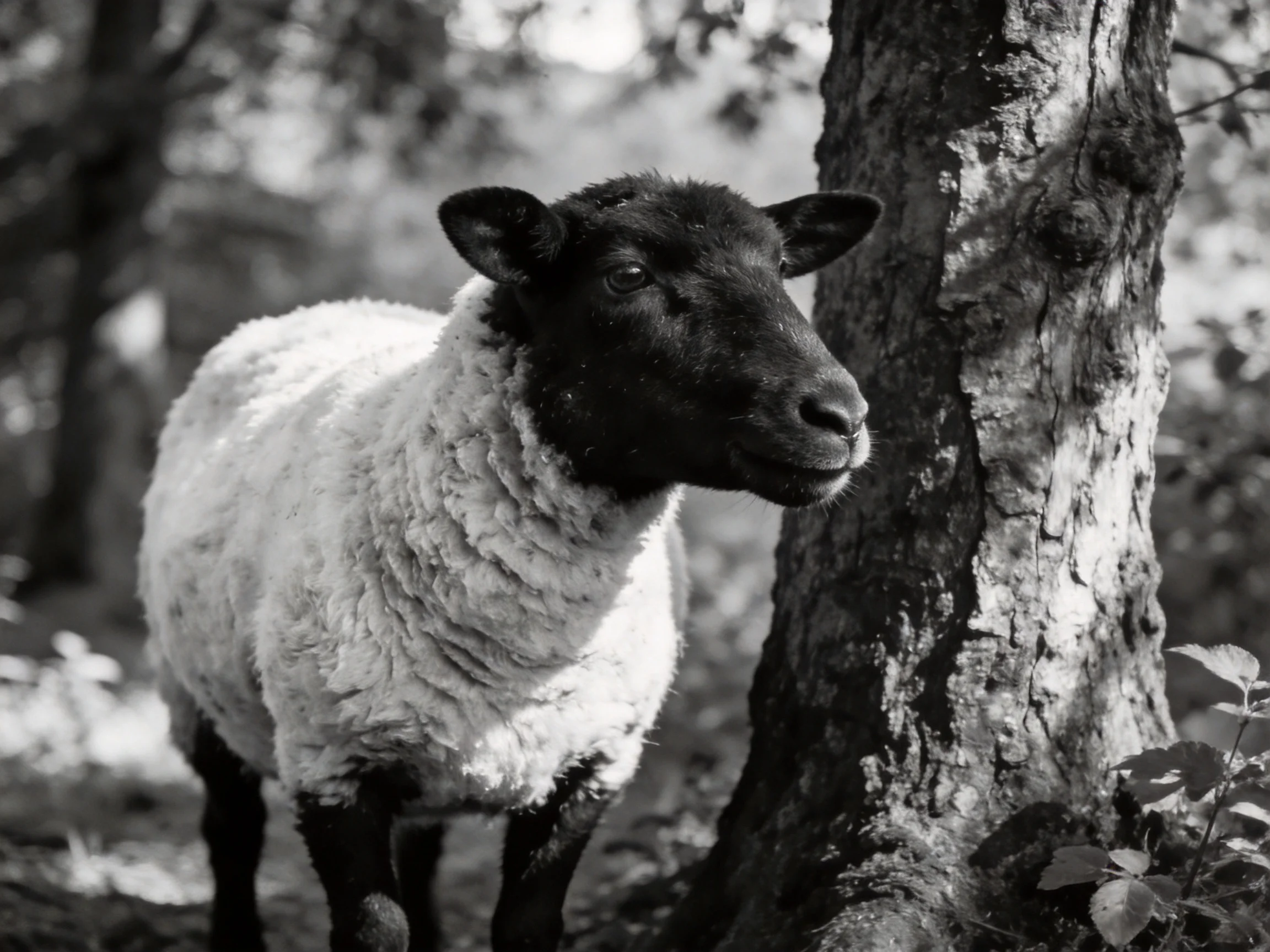 A black-faced sheep with thick white wool near a gnarled tree