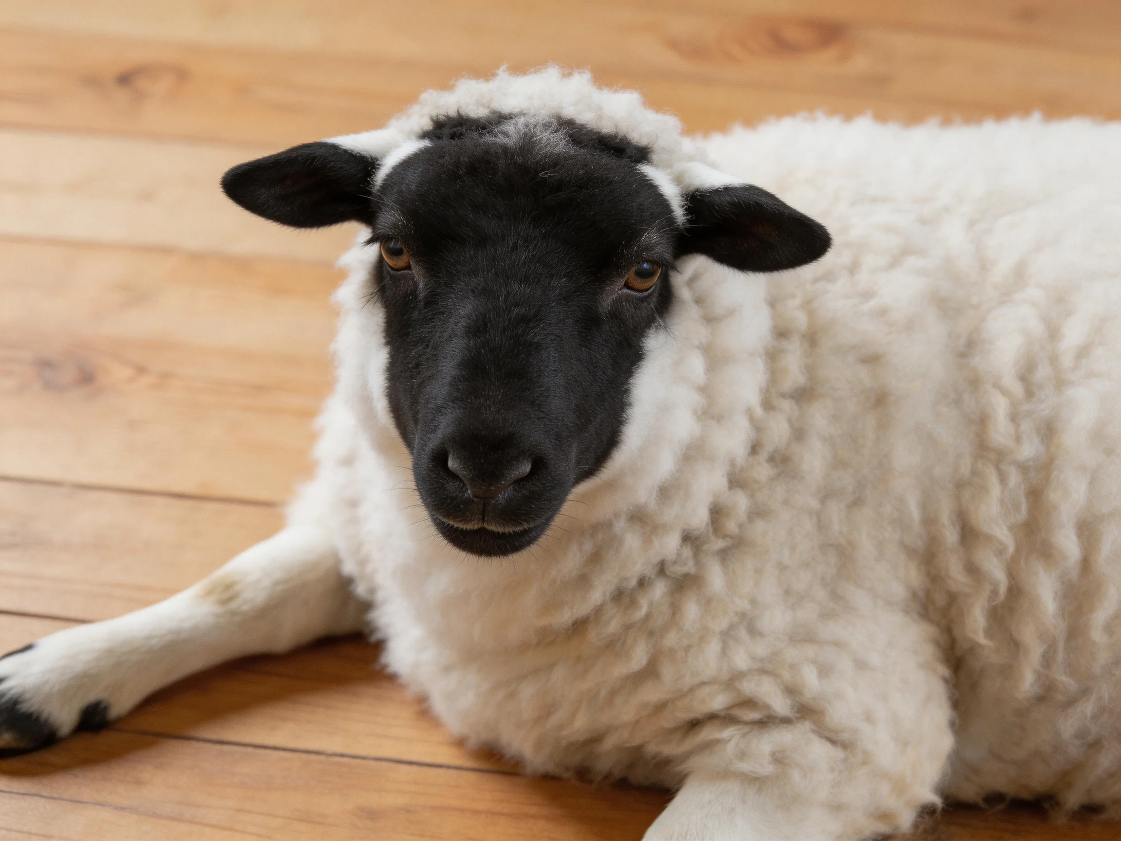 A black-faced sheep with thick white wool resting on a wooden floor