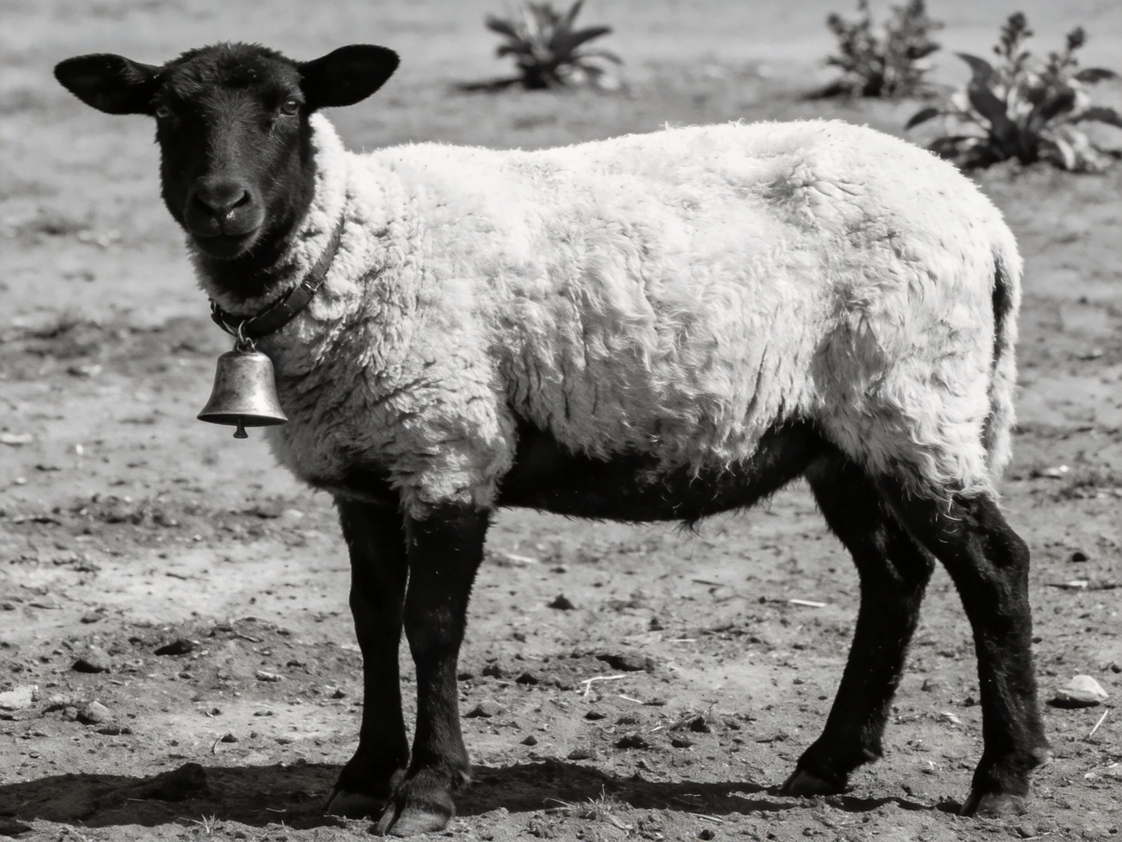 A black-faced sheep with thick white wool wears a bell on a dirt path