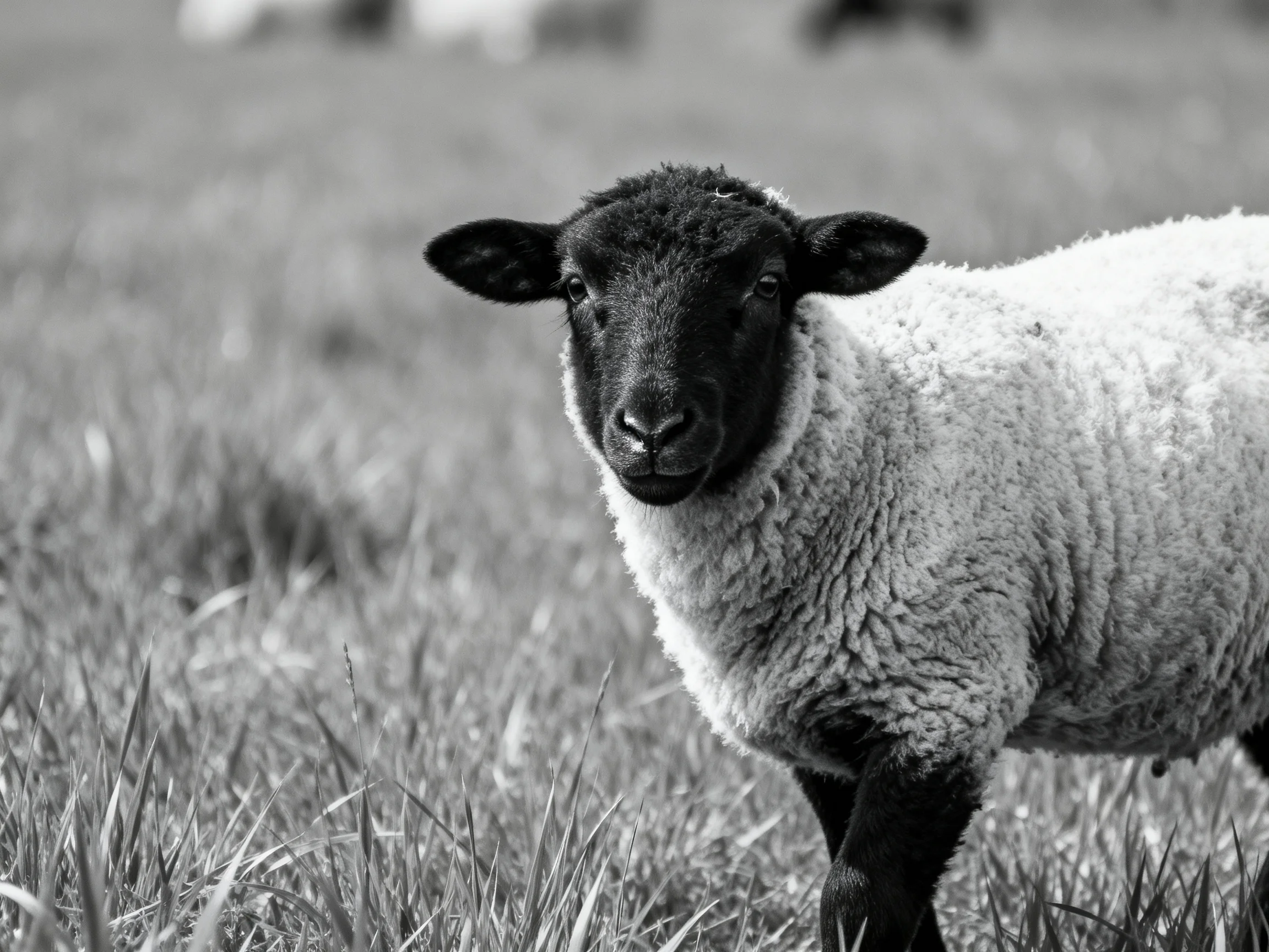 A black-faced sheep with thick wool in a grassy landscape
