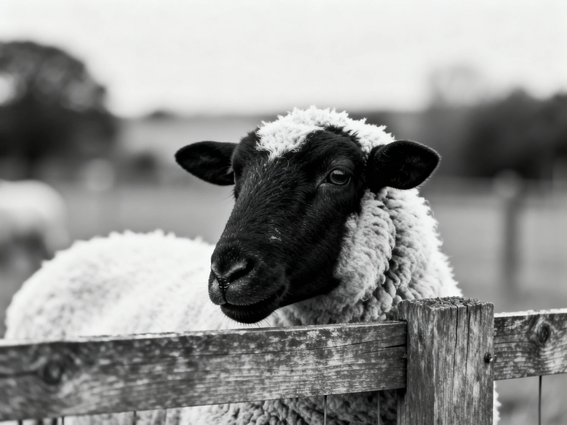 A black-faced sheep with thick wool near a weathered wooden fence