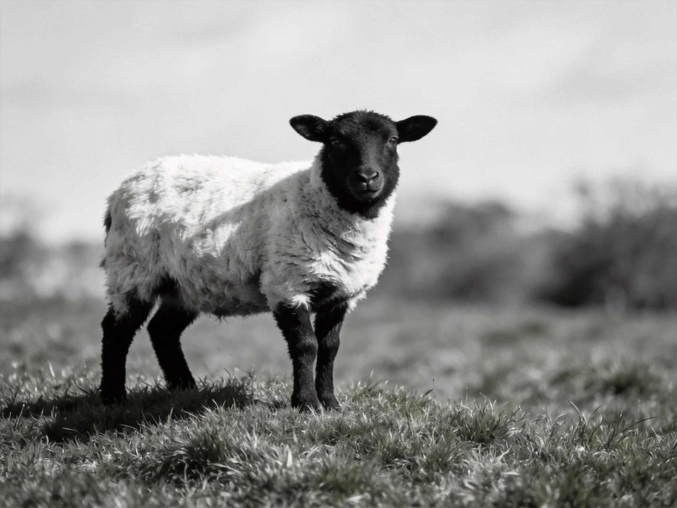 A black-faced sheep with thick wool stands in a sunlit grassy field