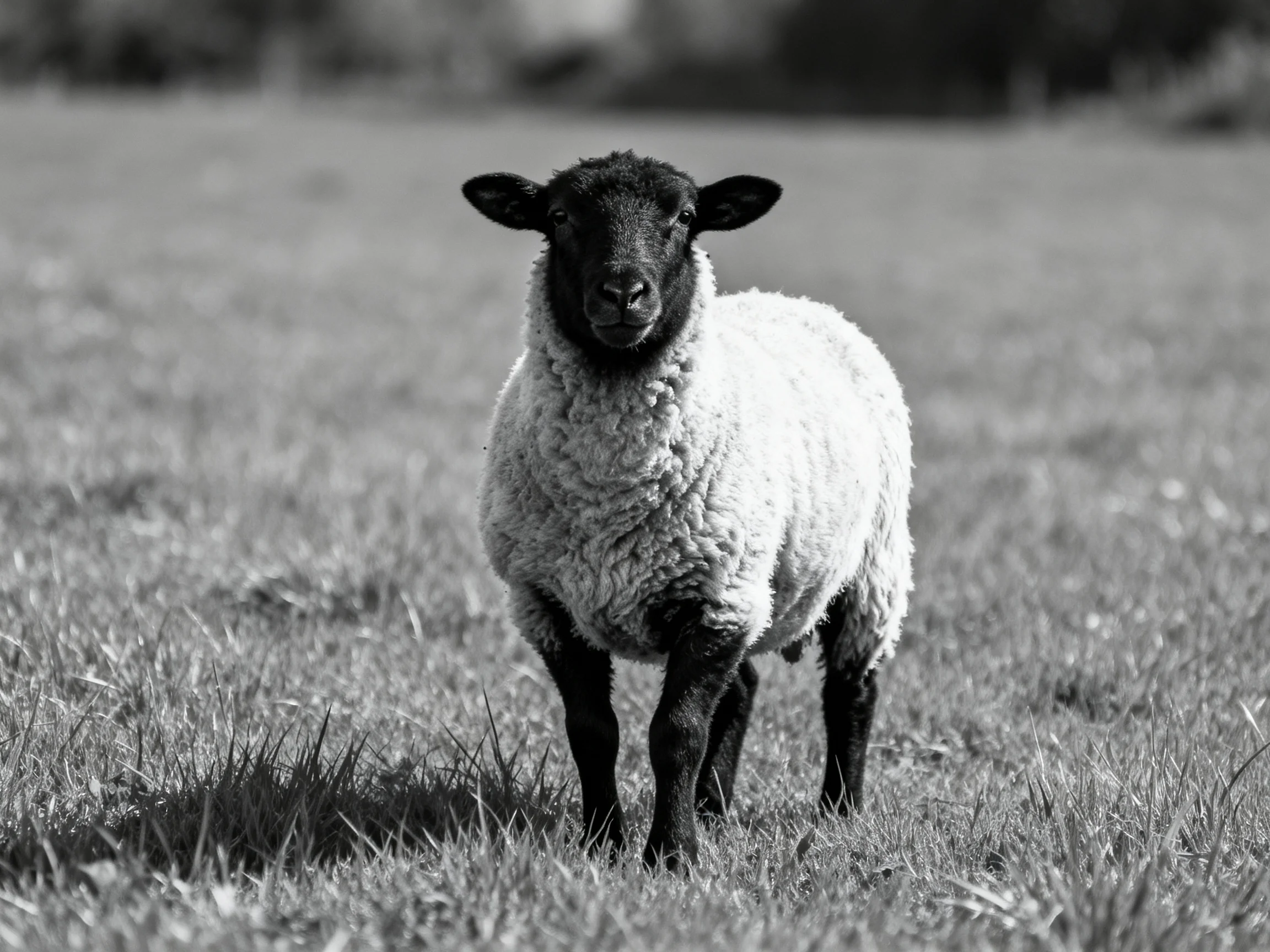 A black-faced sheep with thick wool stands in agrassy field