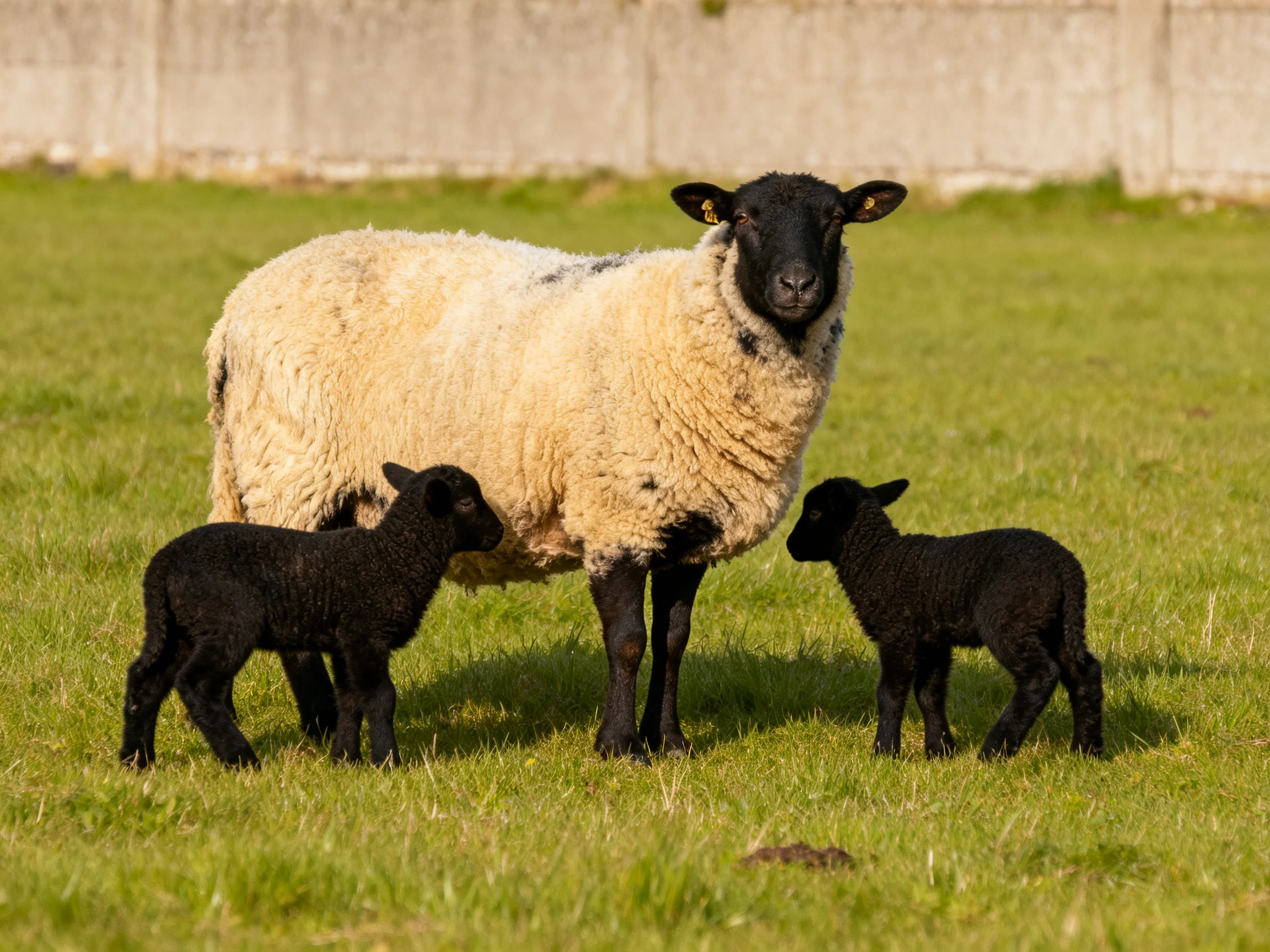 A black-faced sheep with two lambs in a green pasture