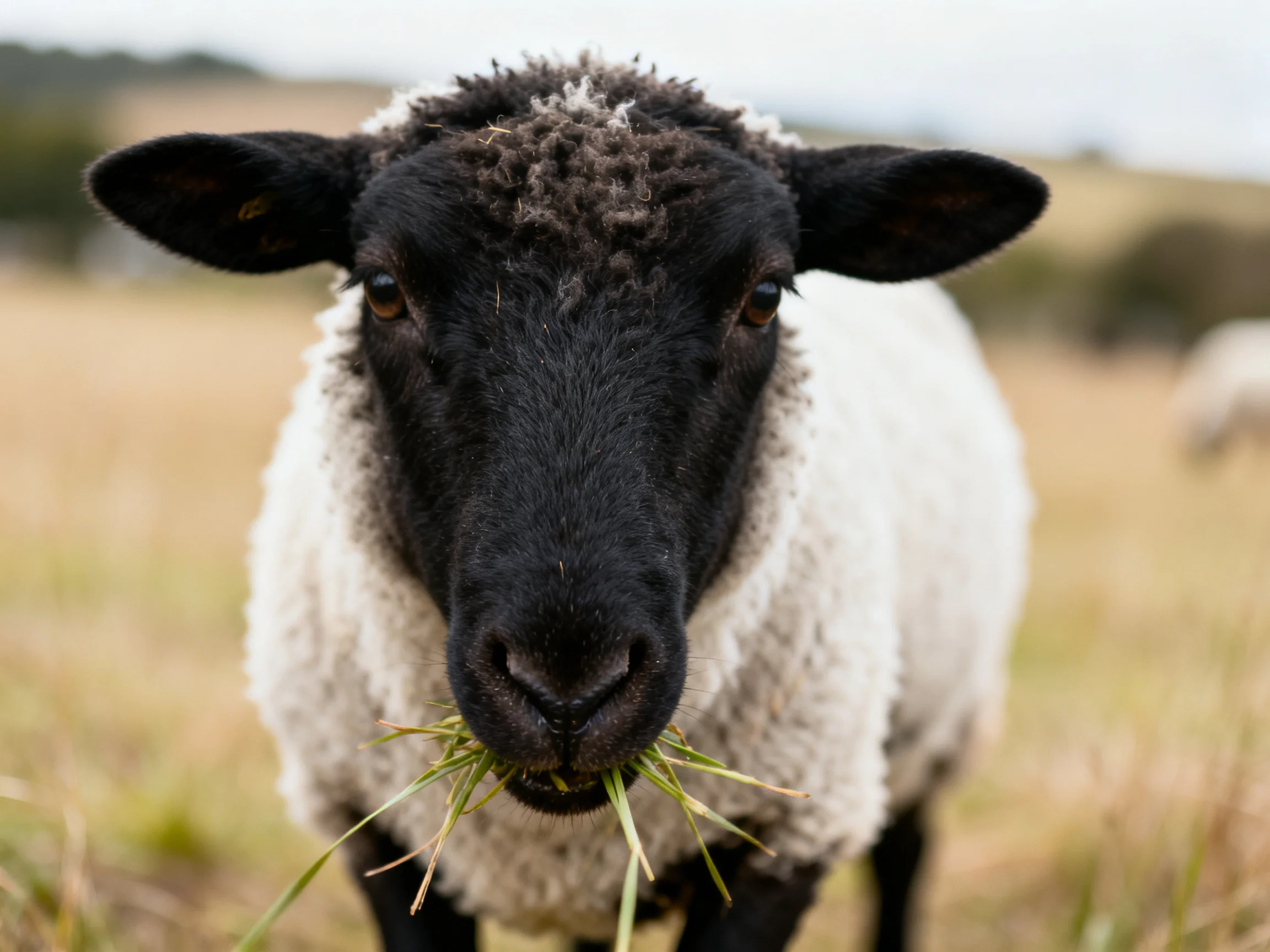 A black-faced sheep with white wool eats grass in an open field
