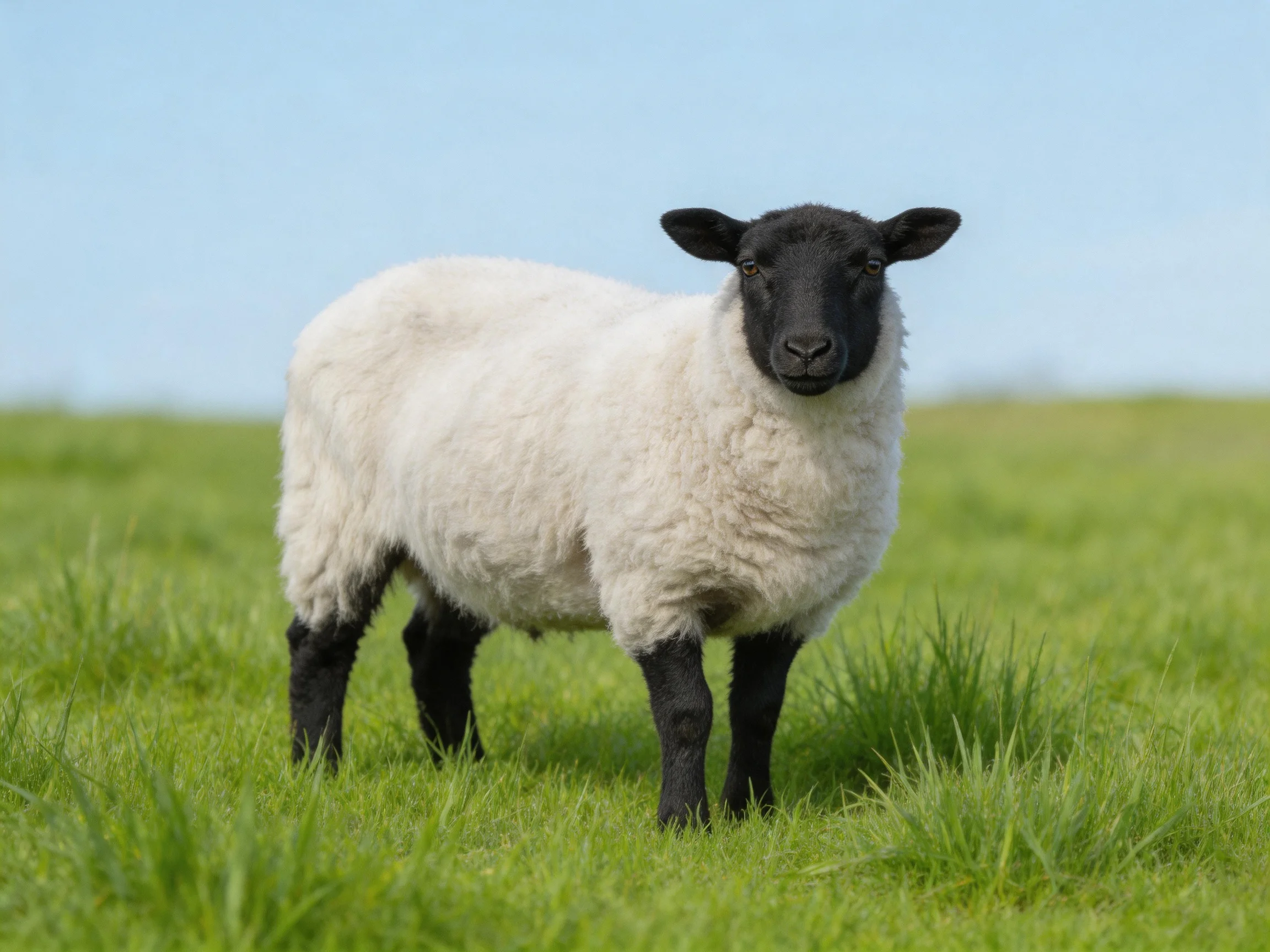 A black-faced sheep with white wool in a green field