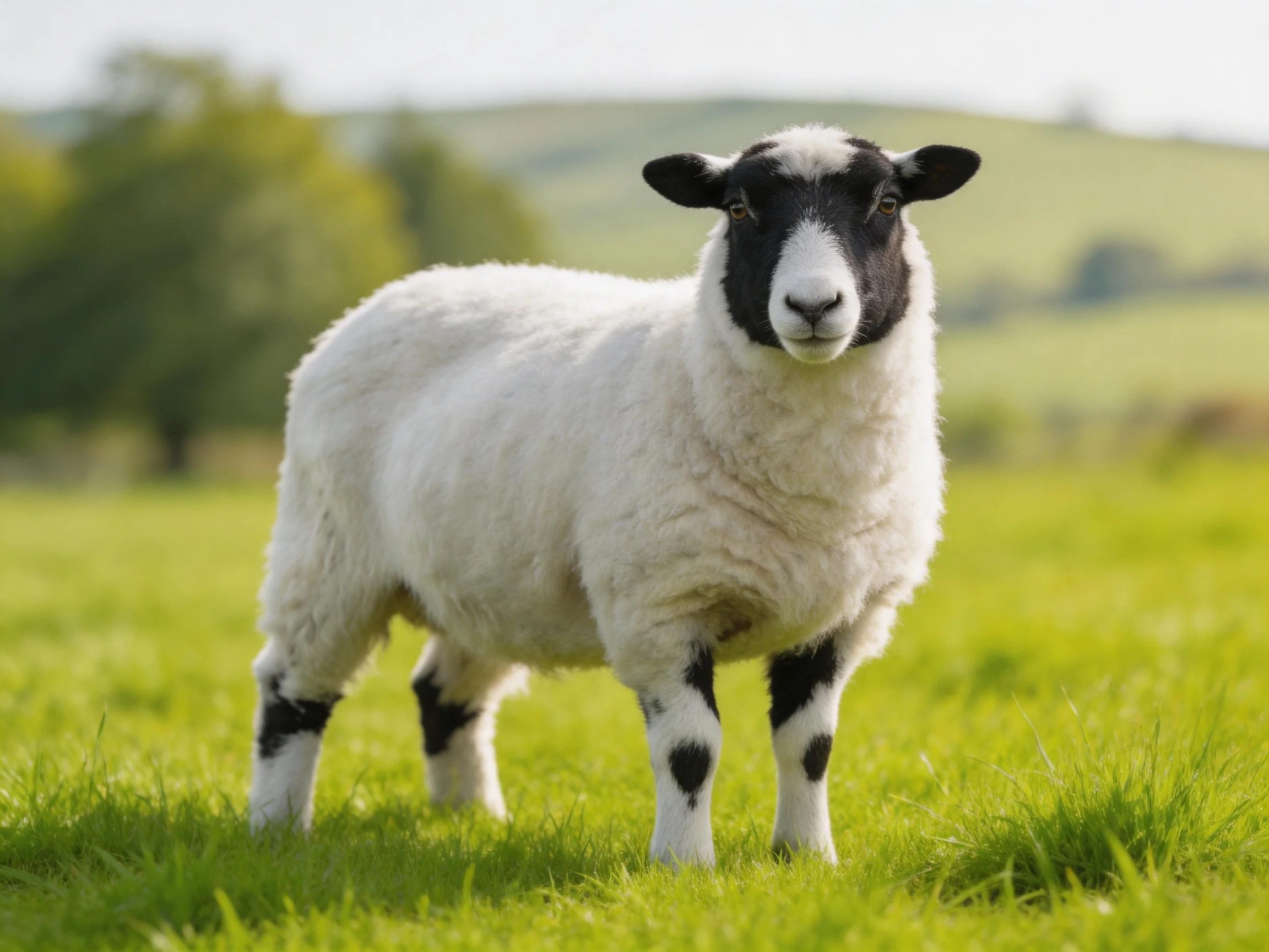 A black-faced sheep with white wool in a green pasture