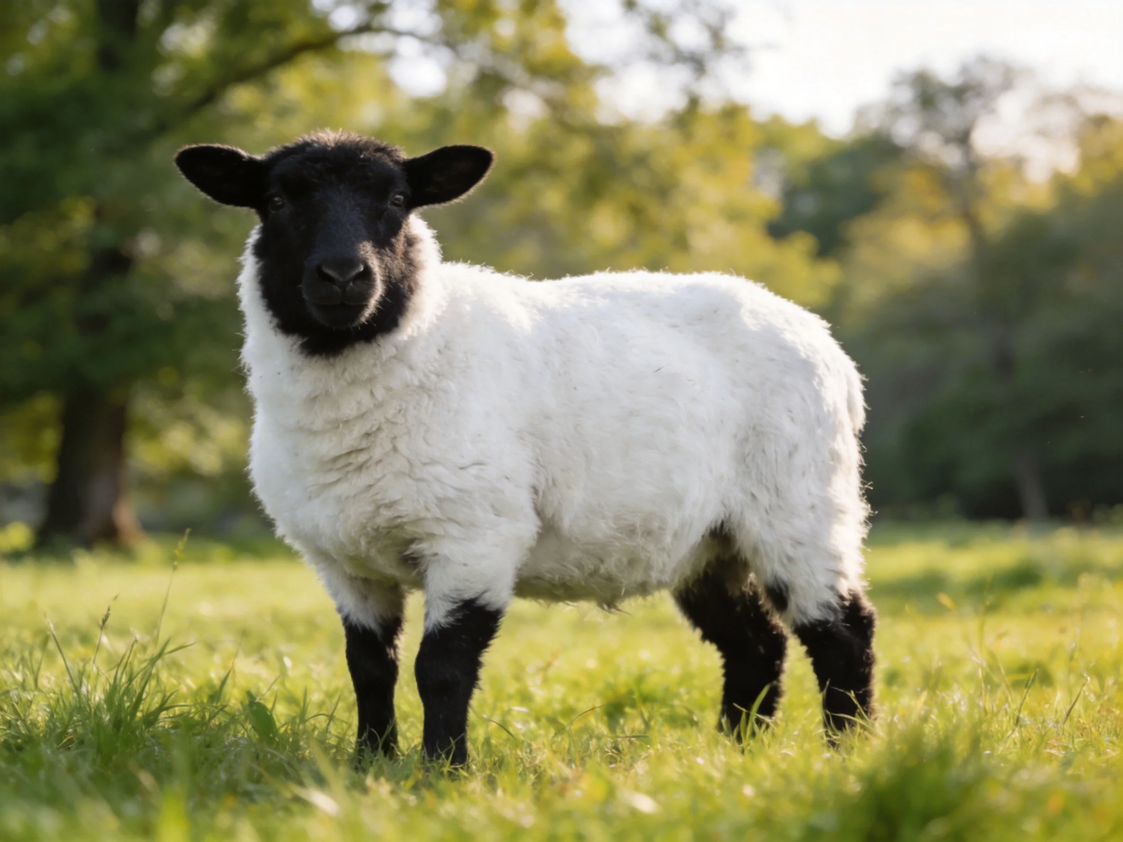 A black-faced sheep with white wool in a sunlit meadow