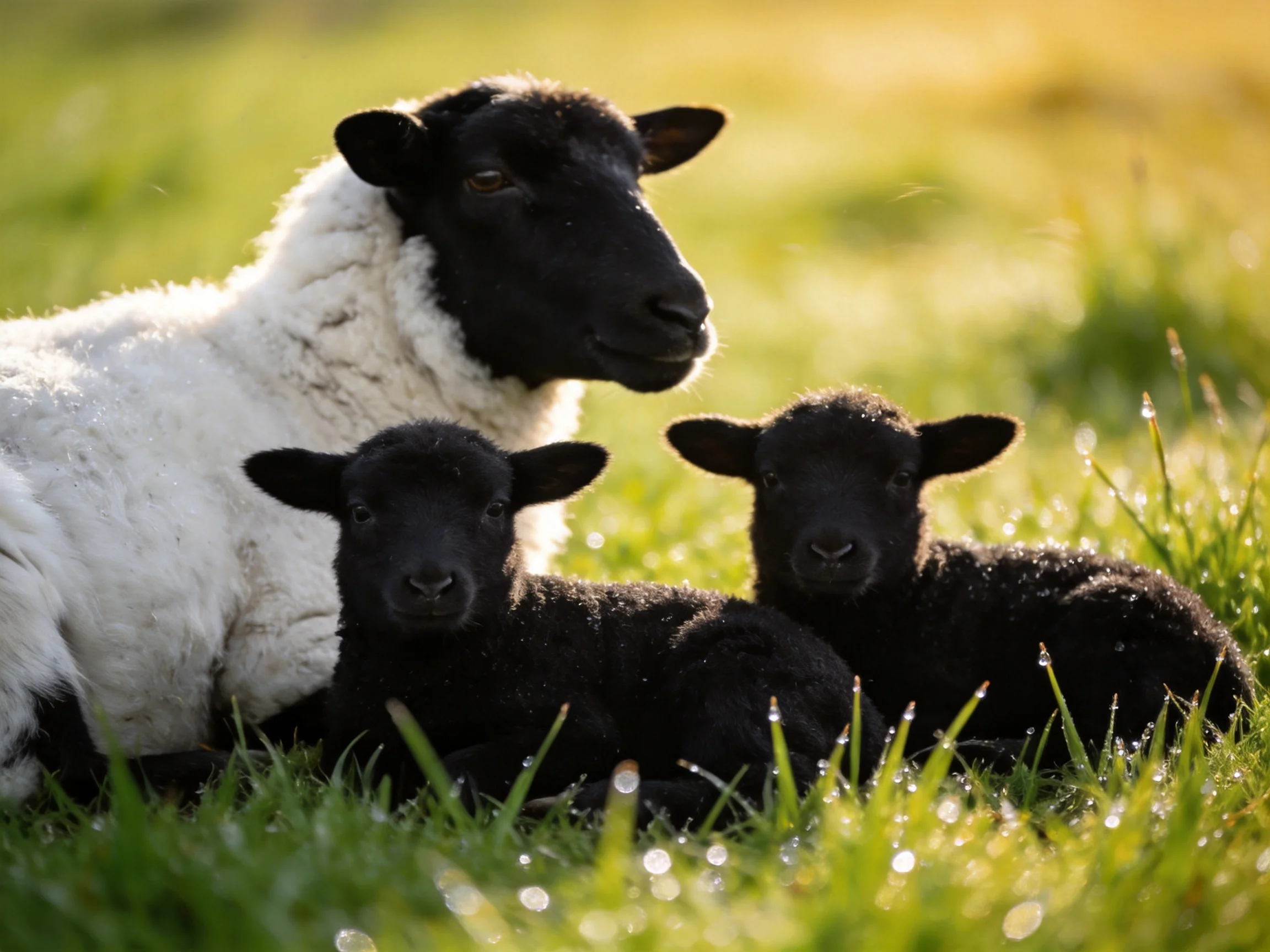 A black-faced sheep with white wool near two black lambs in green grass