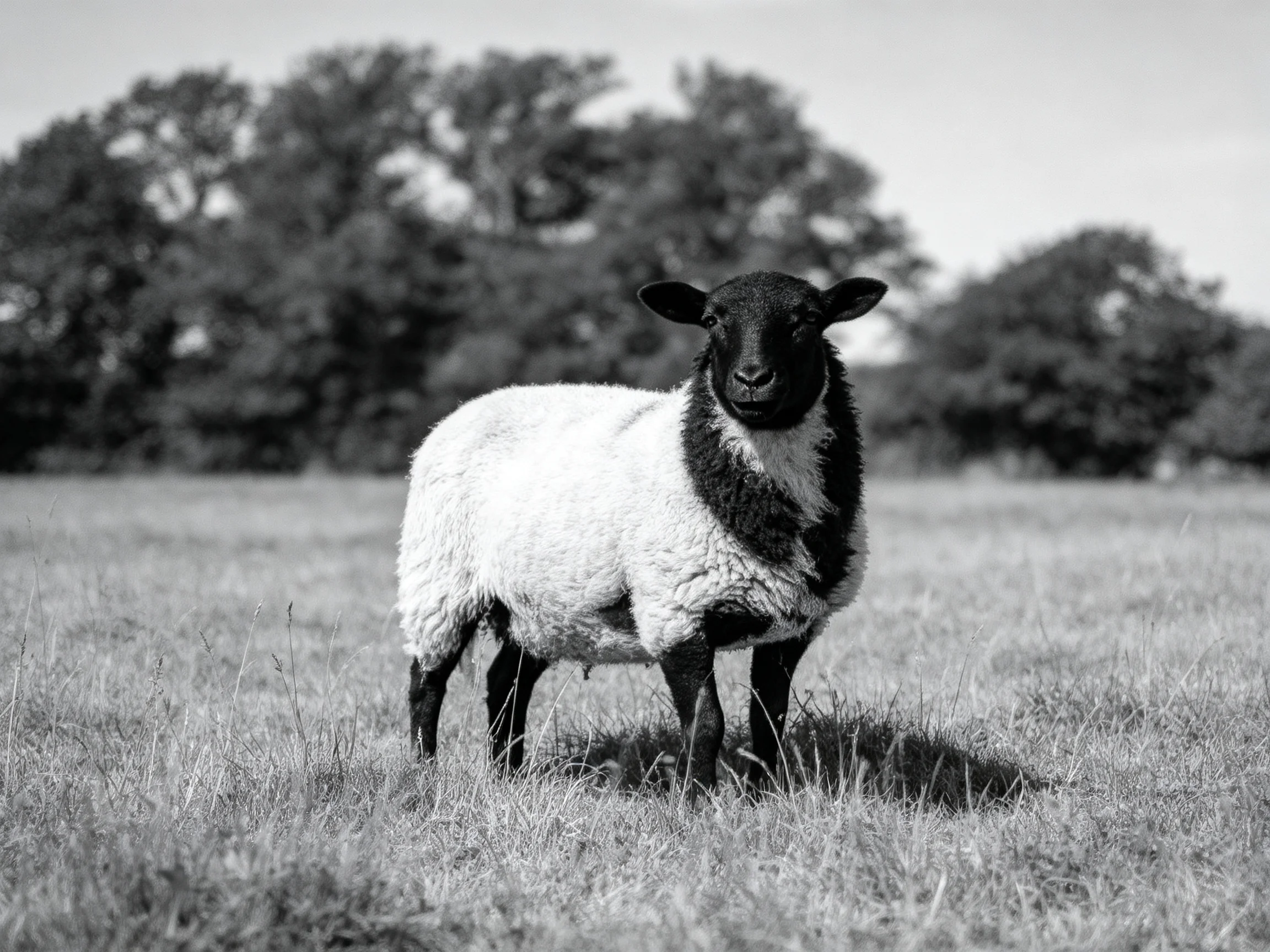A black-faced sheep with white wool stands in a grassy field near trees