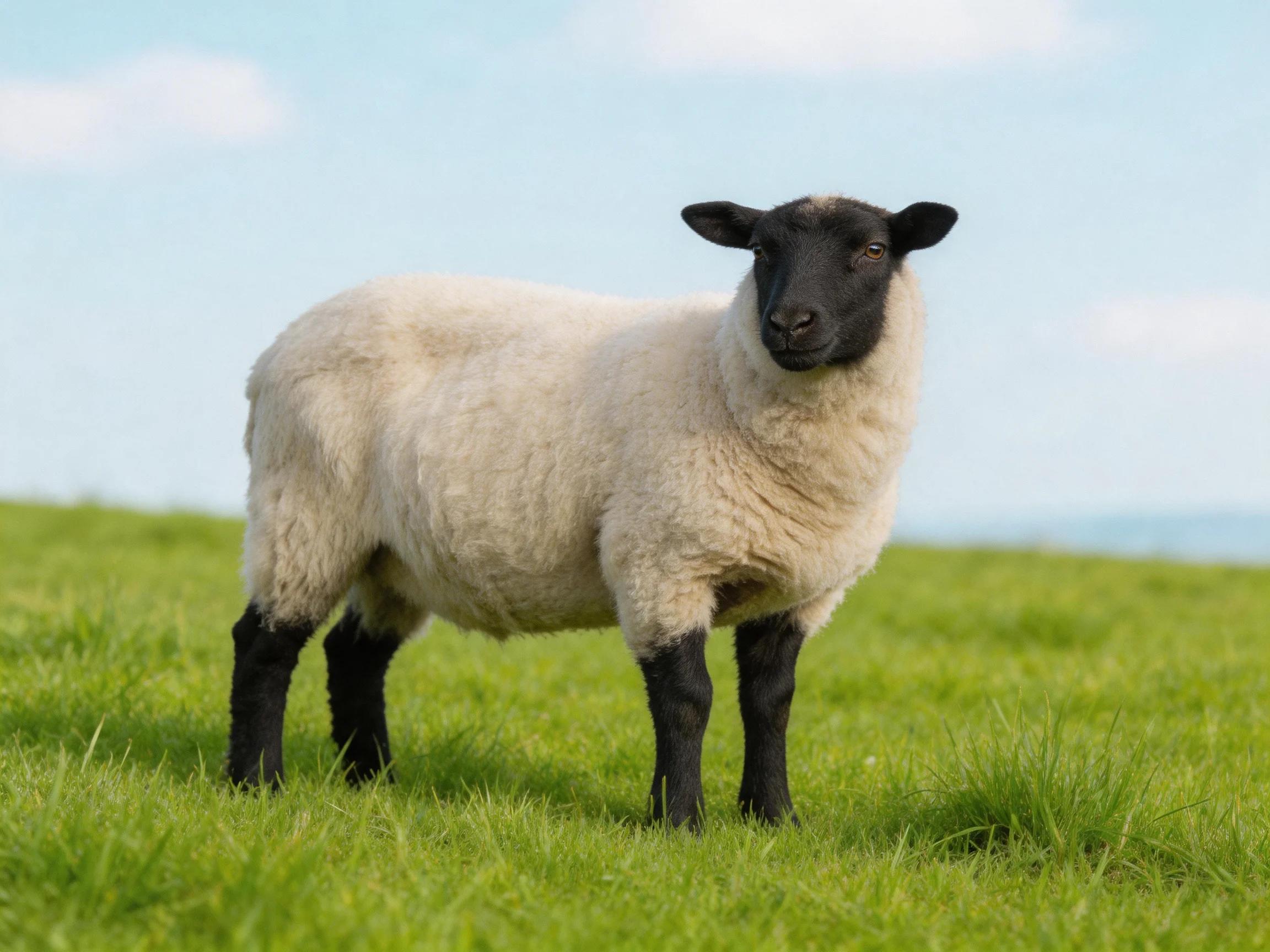 A black-faced sheep with white wool stands on green grass
