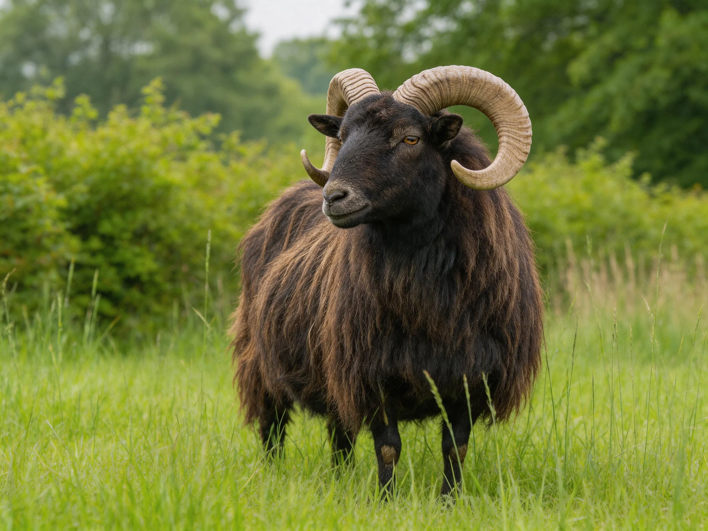 A black-furred ram with massive curved horns in a lush meadow