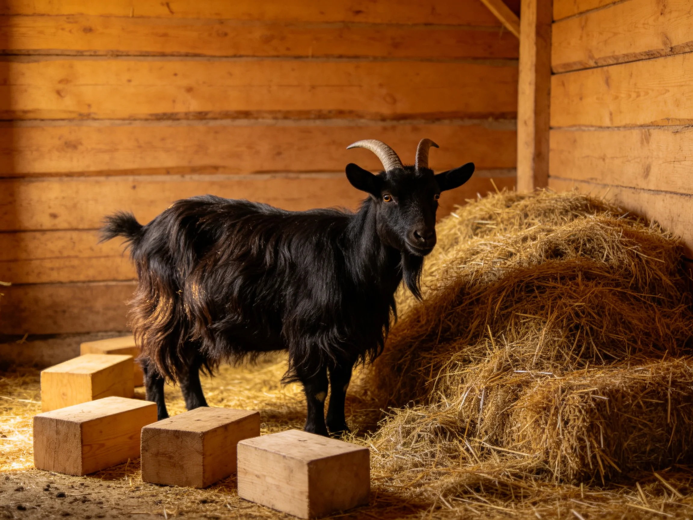 A black goat near hay bales in a wooden barn with stone blocks