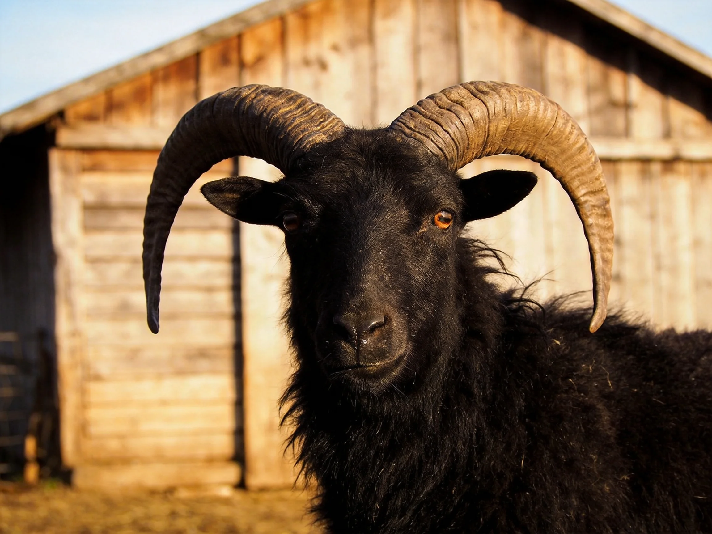 A black goat with large curved horns stands before a weathered wooden barn