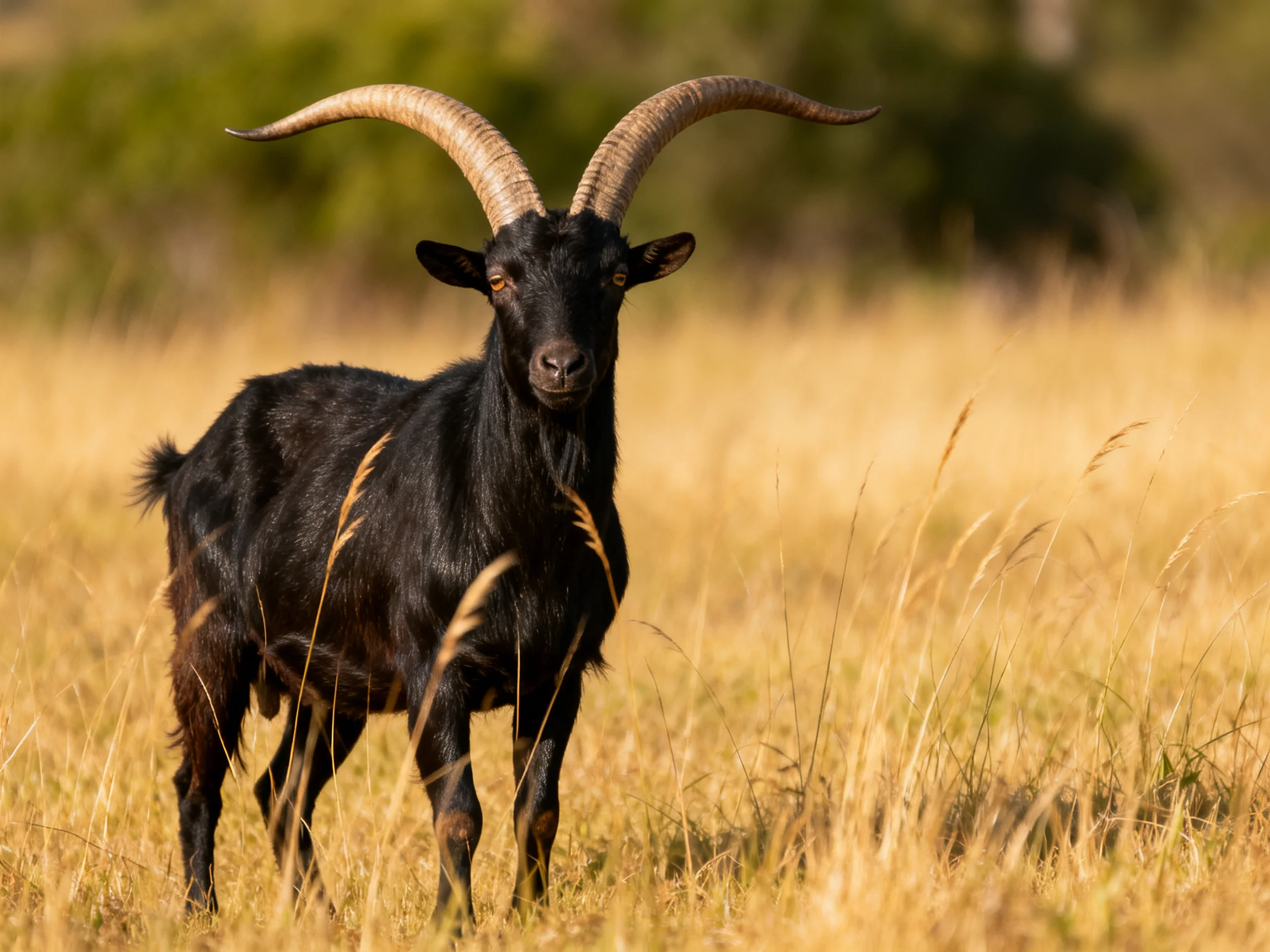 A black goat with large curved horns stands in golden grassland
