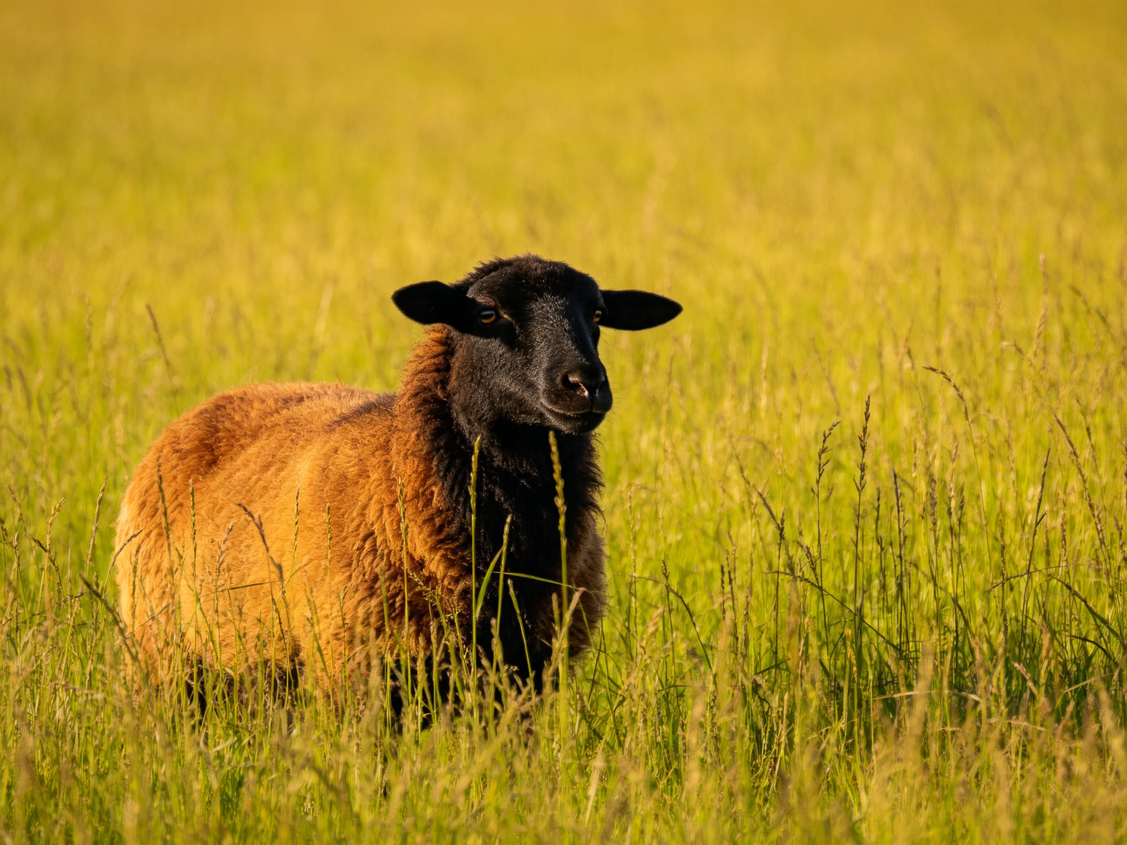 A black-headed sheep stands amid tall green grass in a sunlit meadow.