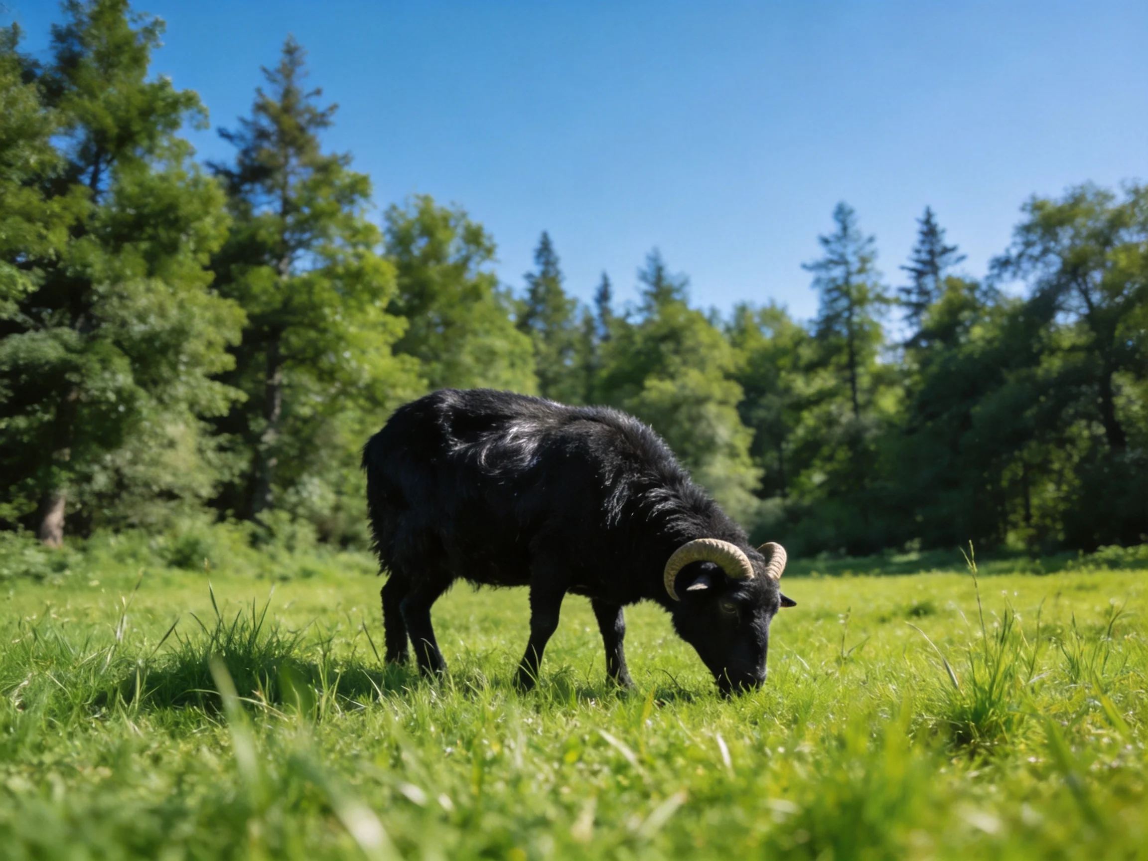 A black horned animal grazing in a sunlit meadow