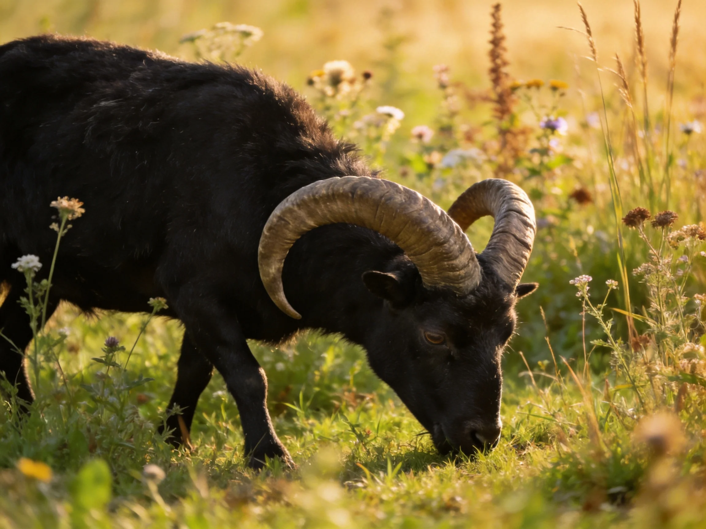 A black horned goat grazes in a sunlit meadow