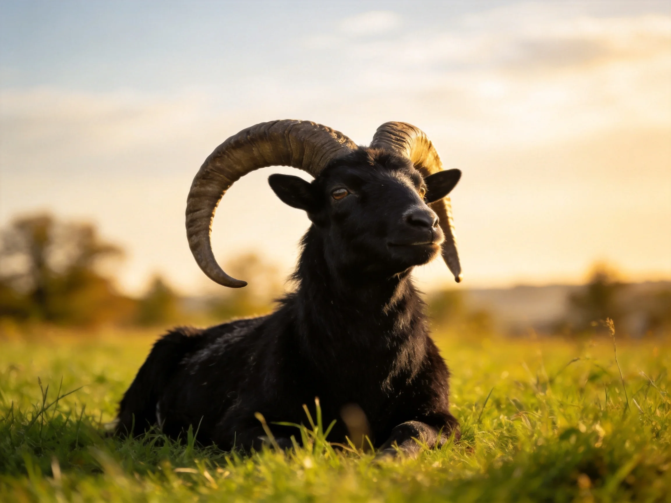 A black horned goat resting in golden grassy field