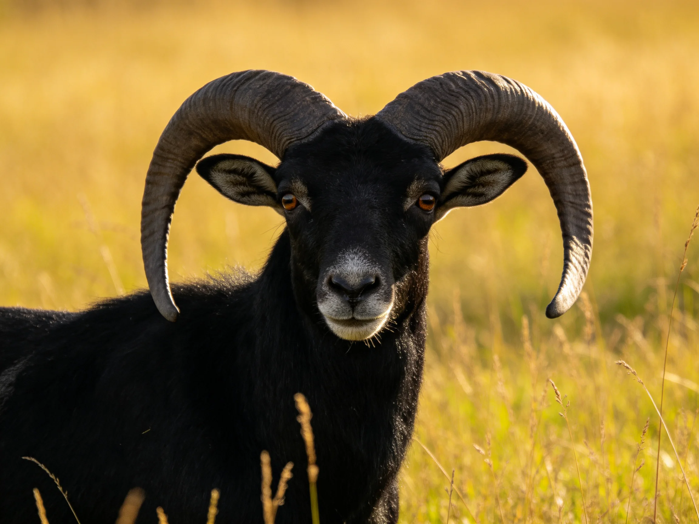 A black horned goat with massive curved horns in a golden field